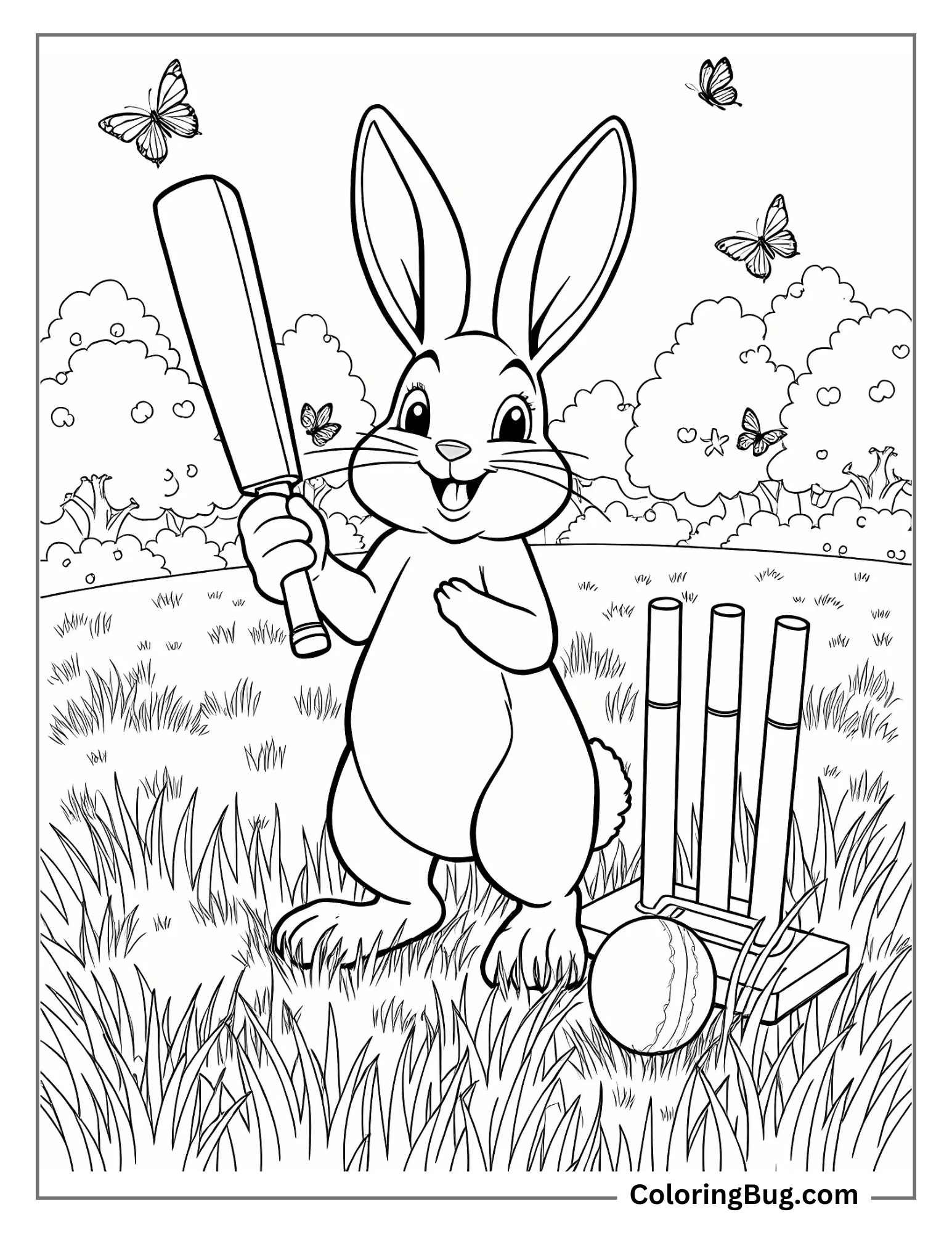 Rabbit Playing Cricket Coloring Sheet