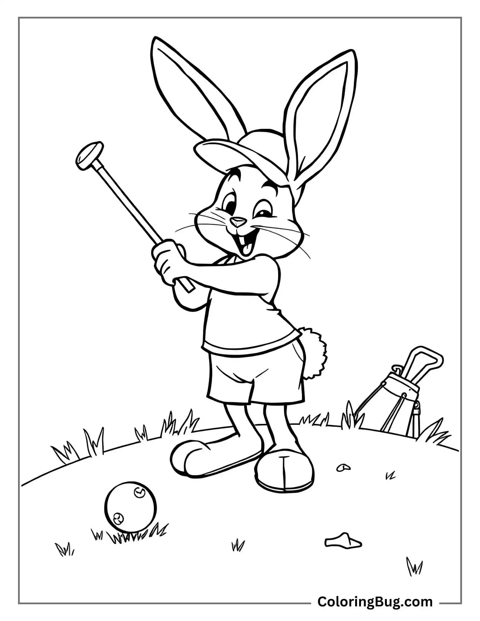 Rabbit Playing Golf Coloring Sheet