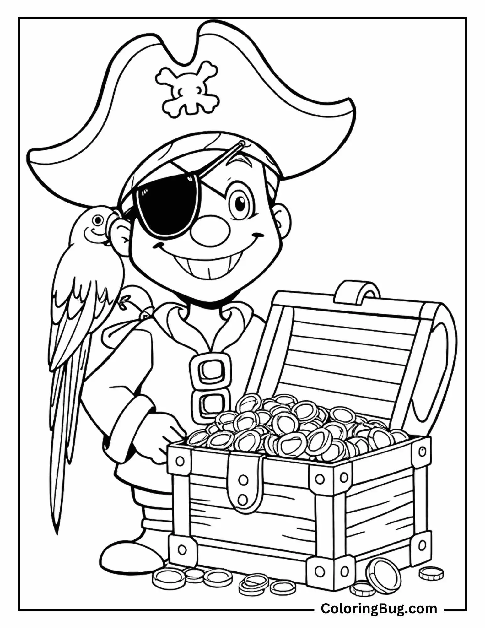A Pirate with Parrot and Treasure