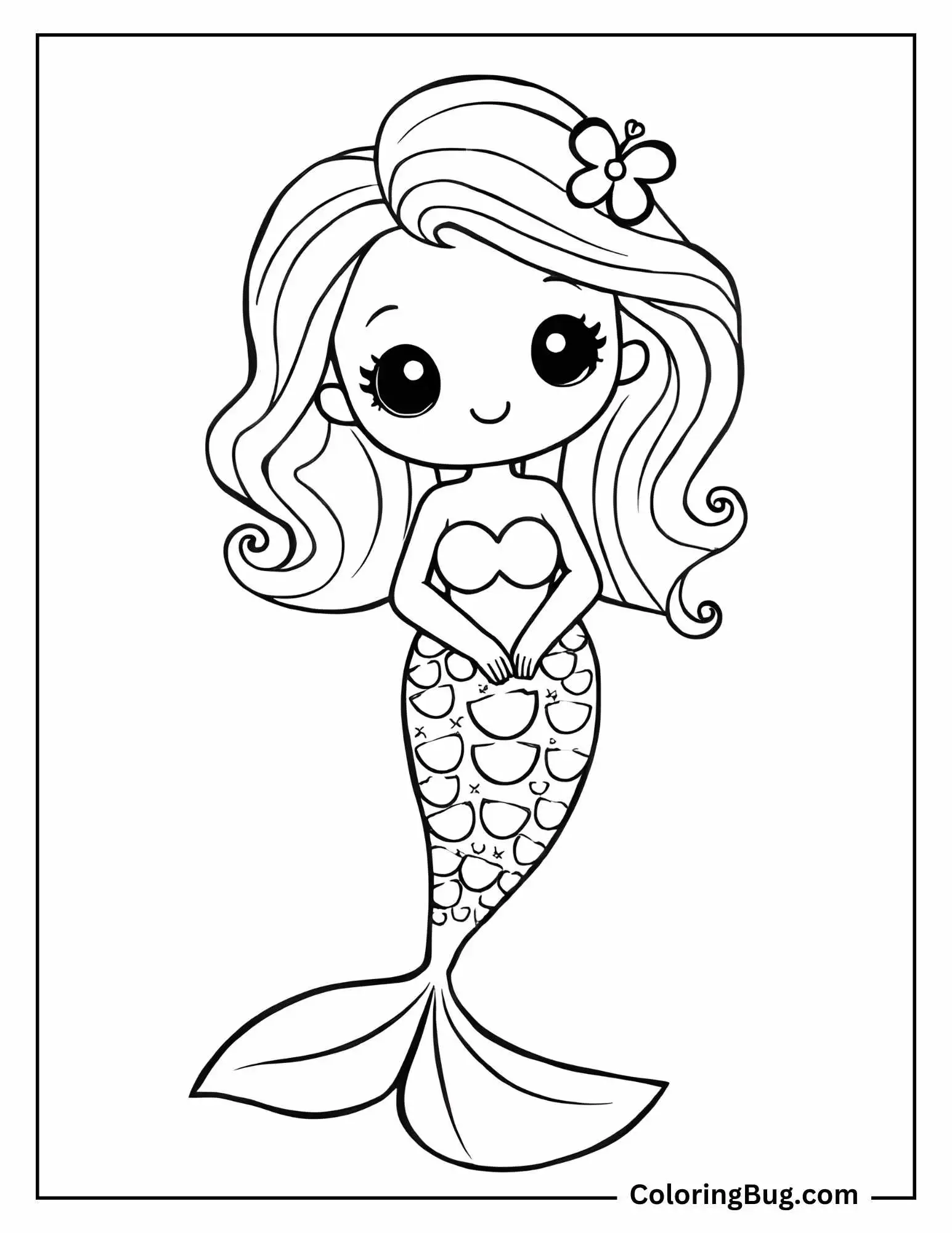 Coloring page of a cute, big-eyed mermaid with flowing hair and a flower accessory. She wears a heart-shaped top and has a tail decorated with a scale pattern, standing in a simple pose.