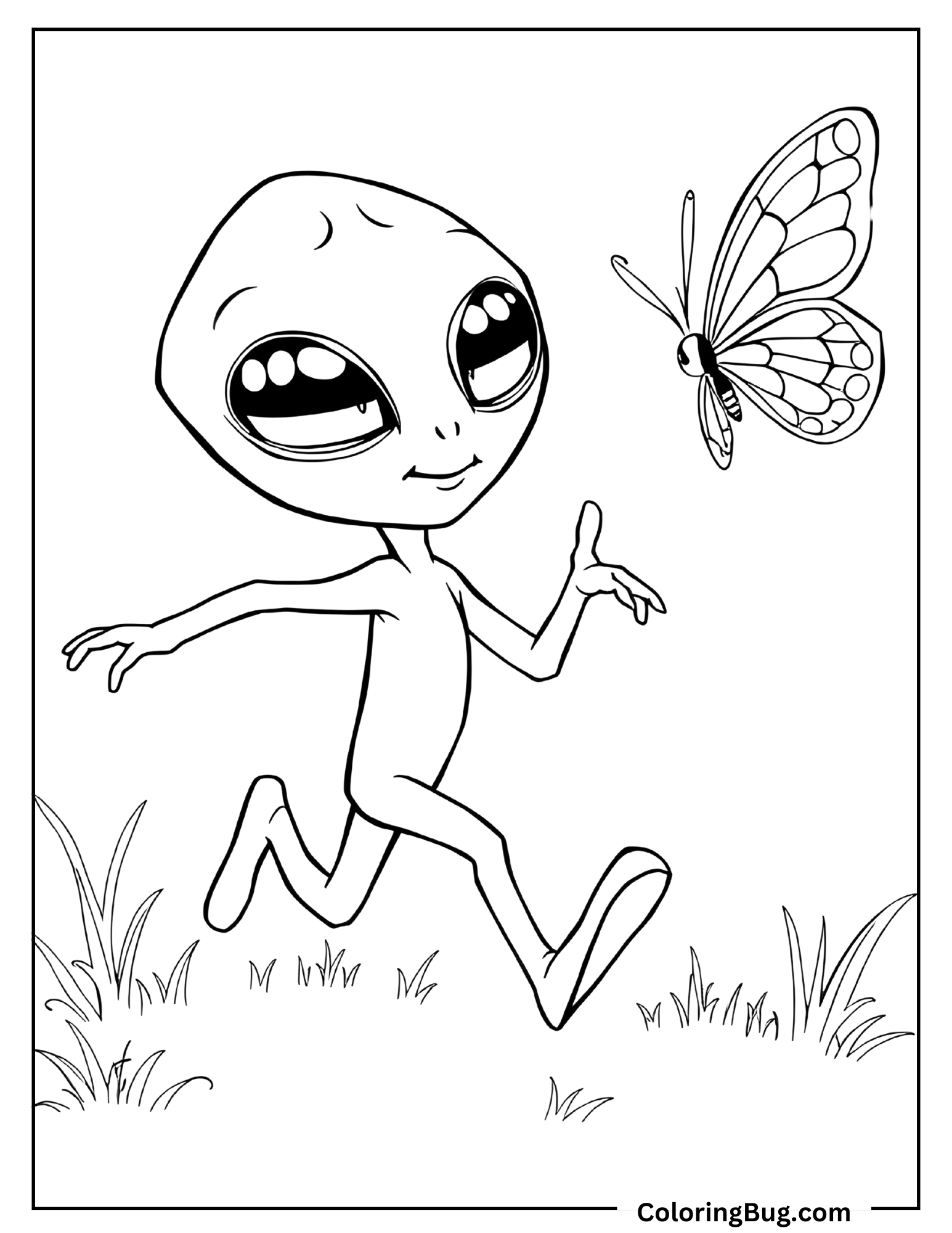 Alien Chasing Butterfly Coloring Sheet