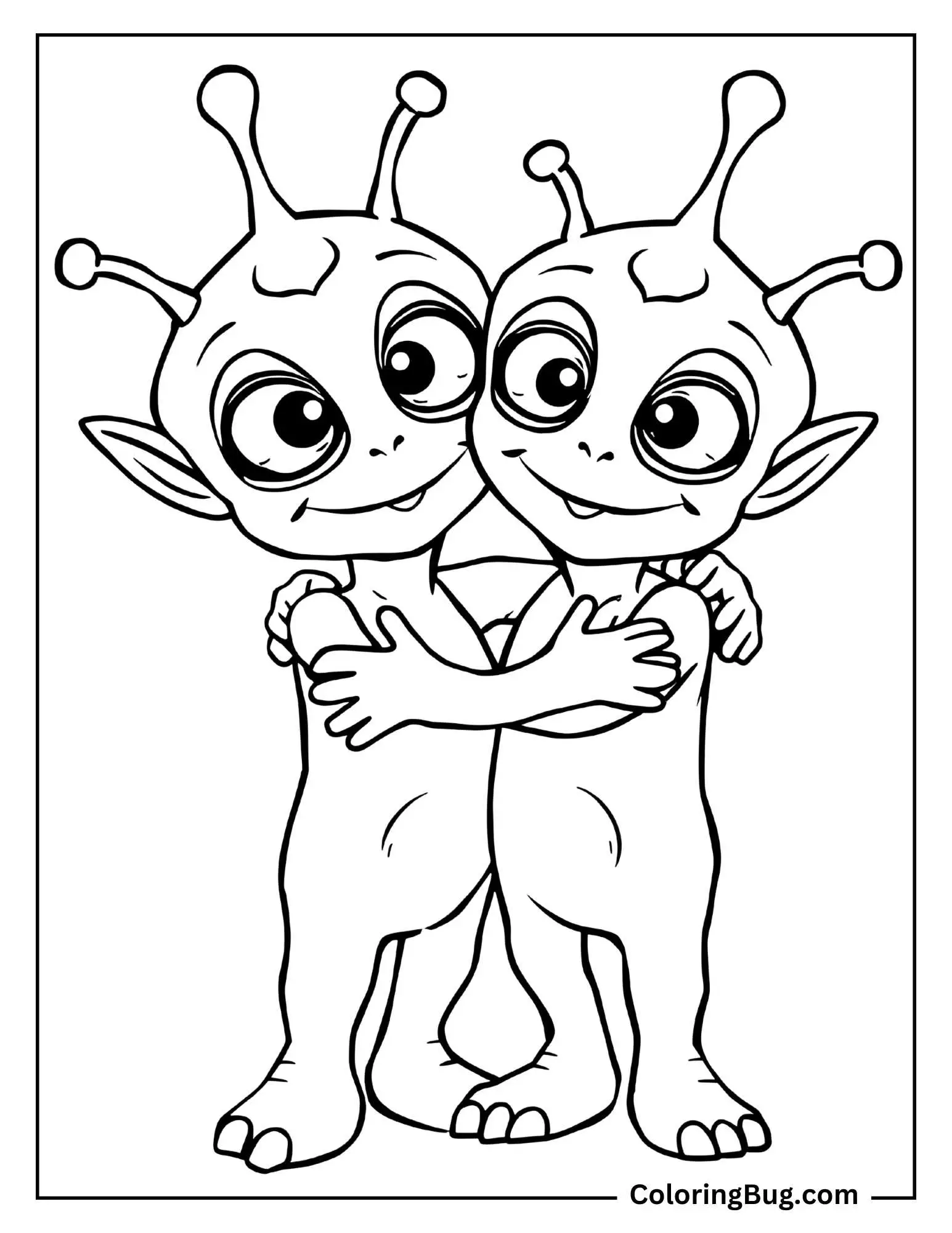 Alien Friends Hugging Coloring Sheet