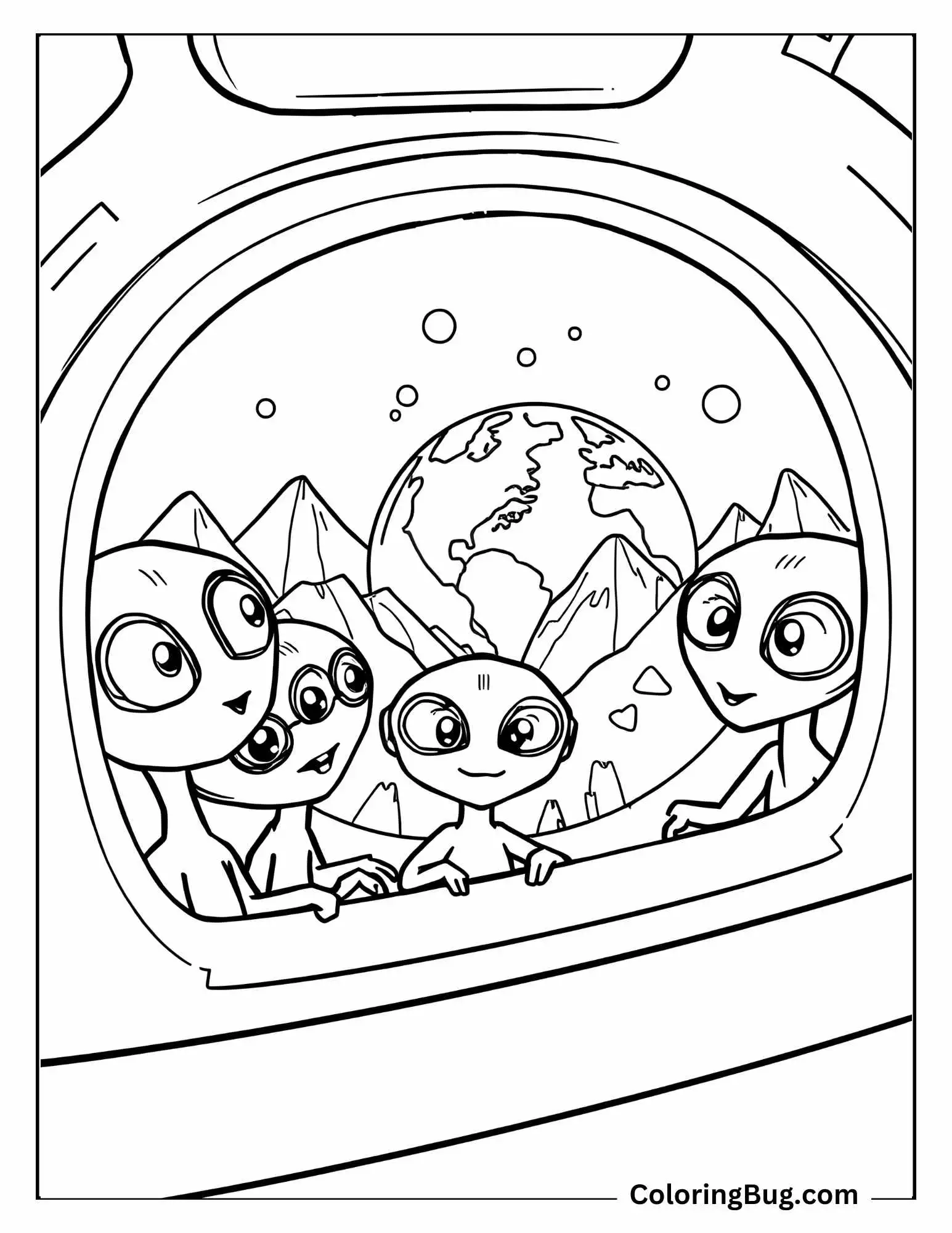 Aliens Discovering Earth Coloring Sheet