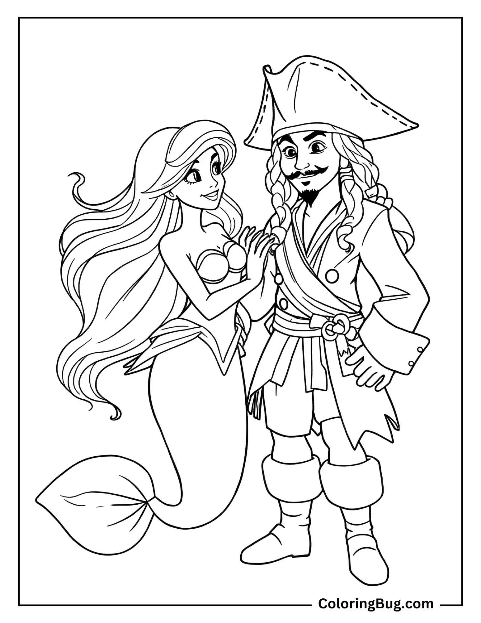 Coloring page that features a mermaid with long flowing hair meeting a pirate with a hat and braided beard. They are standing close together, with the mermaid reaching out to the pirate in a friendly gesture.