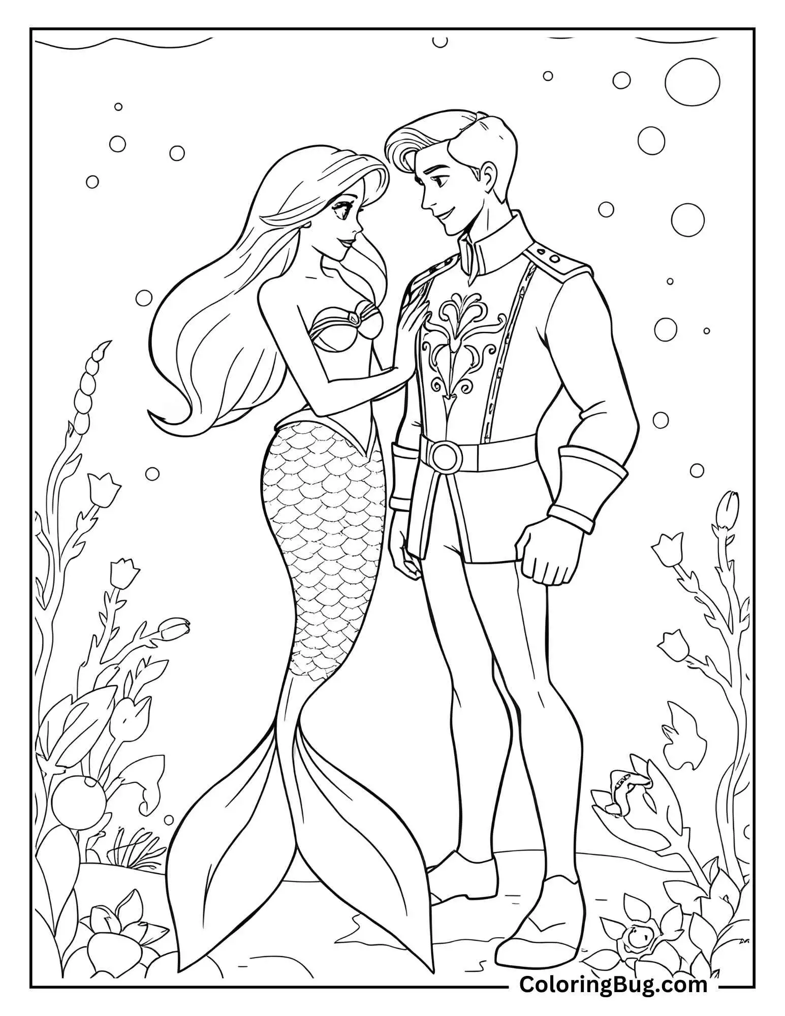 Coloring page that features a mermaid with flowing hair standing close to a prince in a decorative uniform. The mermaid is gazing at the prince with a gentle touch on his shoulder, and they are surrounded by underwater plants and bubbles.