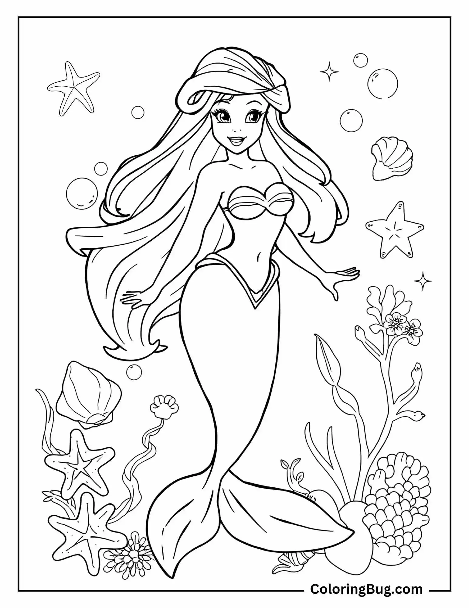 Coloring page that features a mermaid with long flowing hair, surrounded by underwater elements like starfish, seashells, and plants. She is smiling and has a graceful pose, with bubbles and sparkles enhancing the oceanic scene.