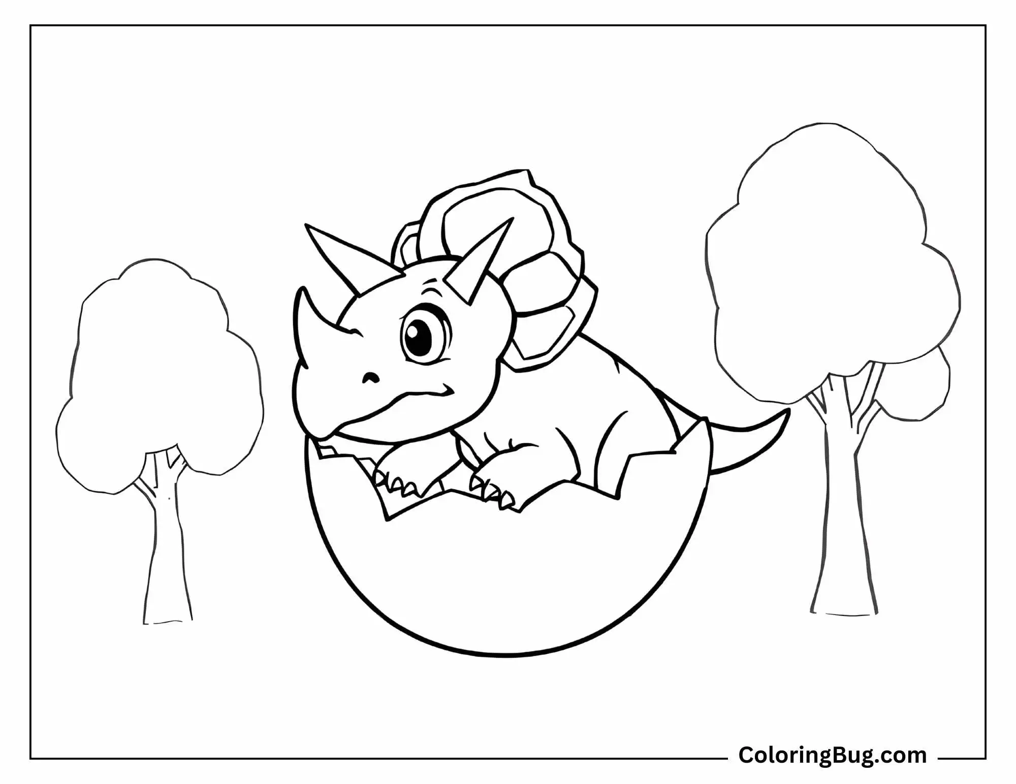 A coloring page showing a baby Triceratops hatching from an egg. The adorable young dinosaur peeks out with curious eyes, flanked by two simple trees on either side.