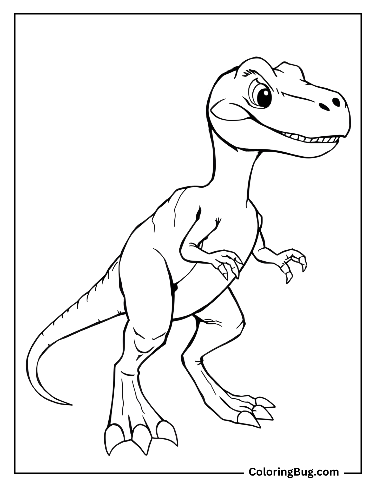 Coloring page of a cute baby Velociraptor standing upright with a friendly expression. The Velociraptor has large, expressive eyes and a slight smile, giving it an approachable and playful look. Its small claws and rounded body make it look young and adorable.