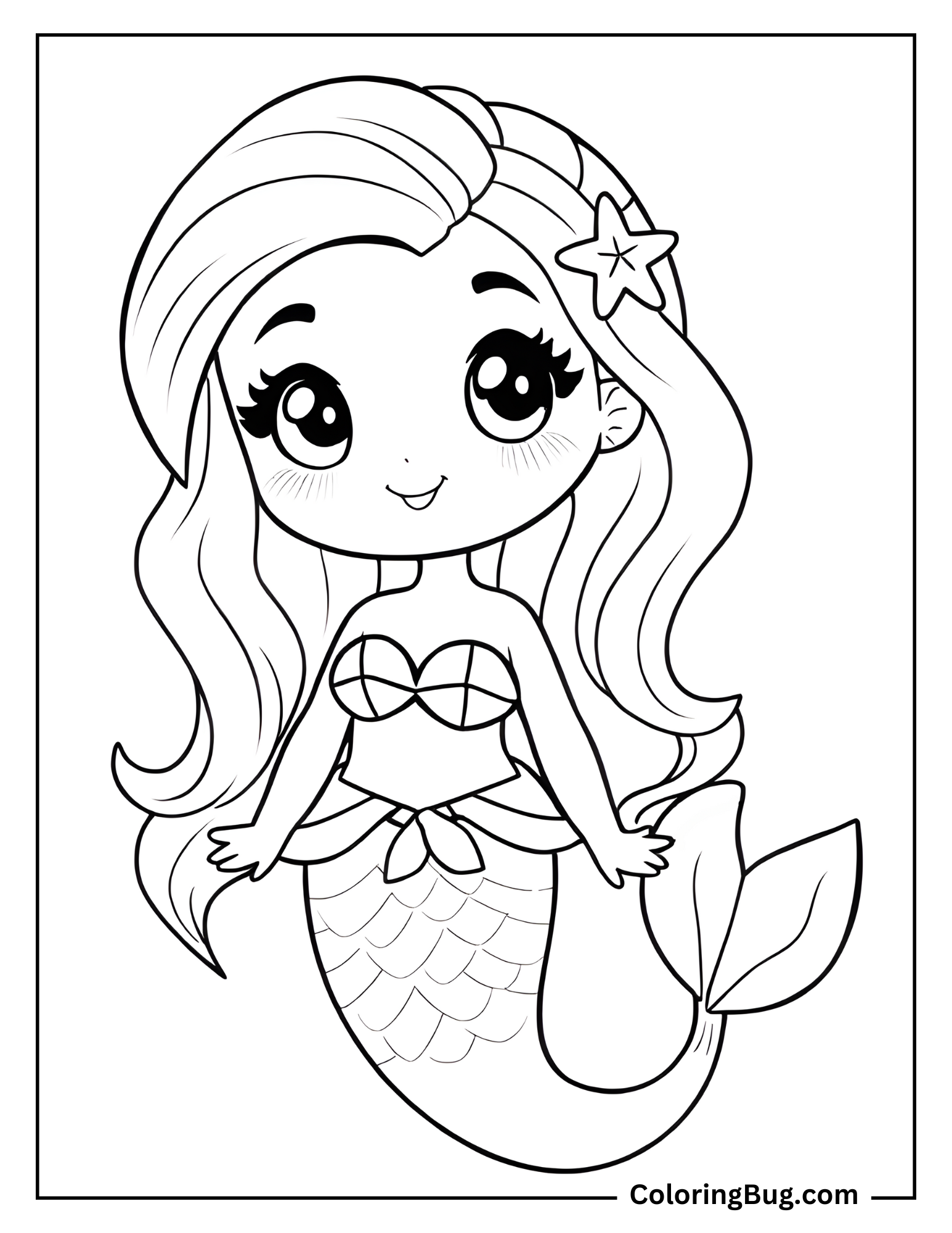 Coloring page of a beuatiful kawaii mermaid with big eyes.