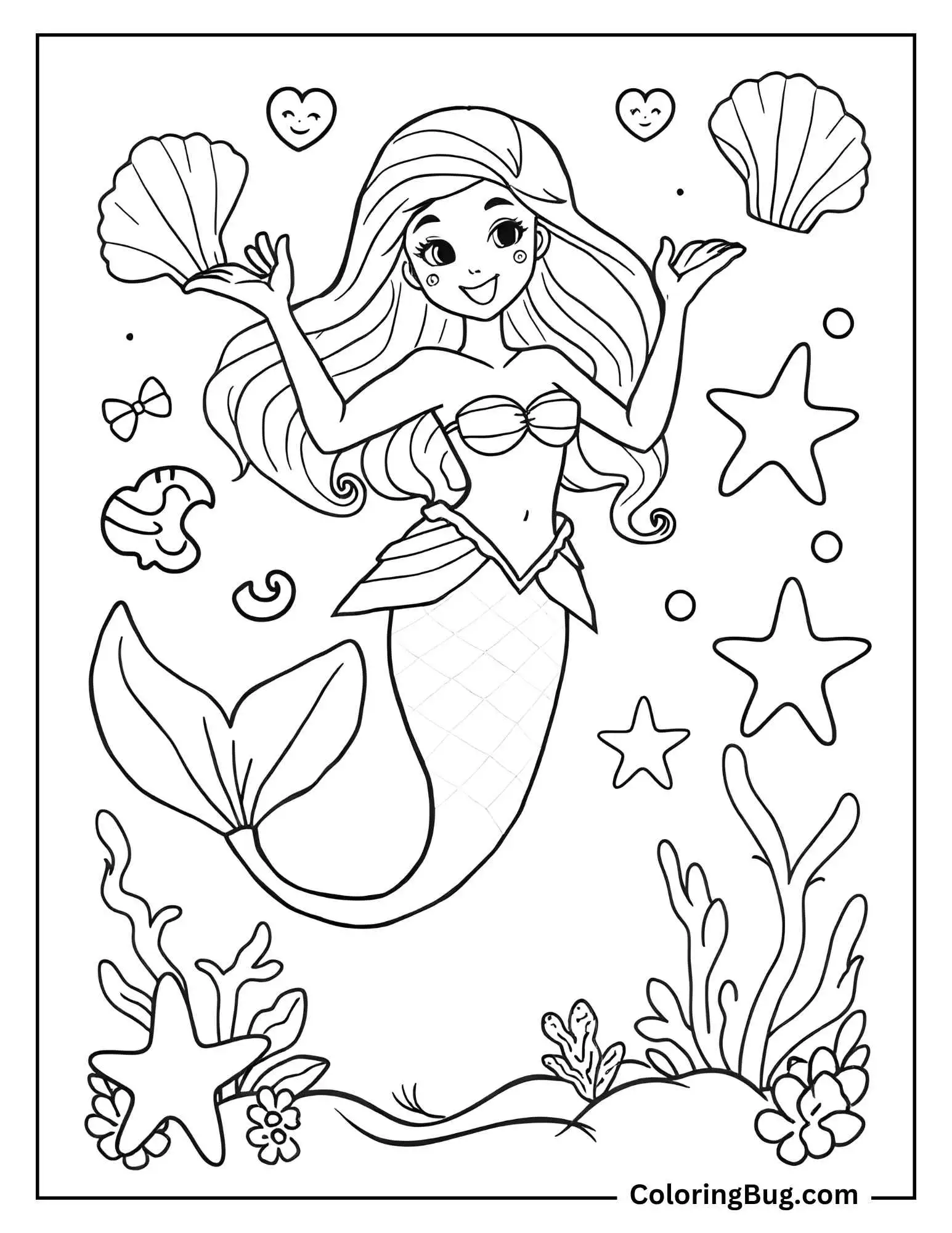 Coloring page that features a joyful mermaid holding seashells, surrounded by starfish, sea plants, and bubbles, creating a lively underwater scene.
