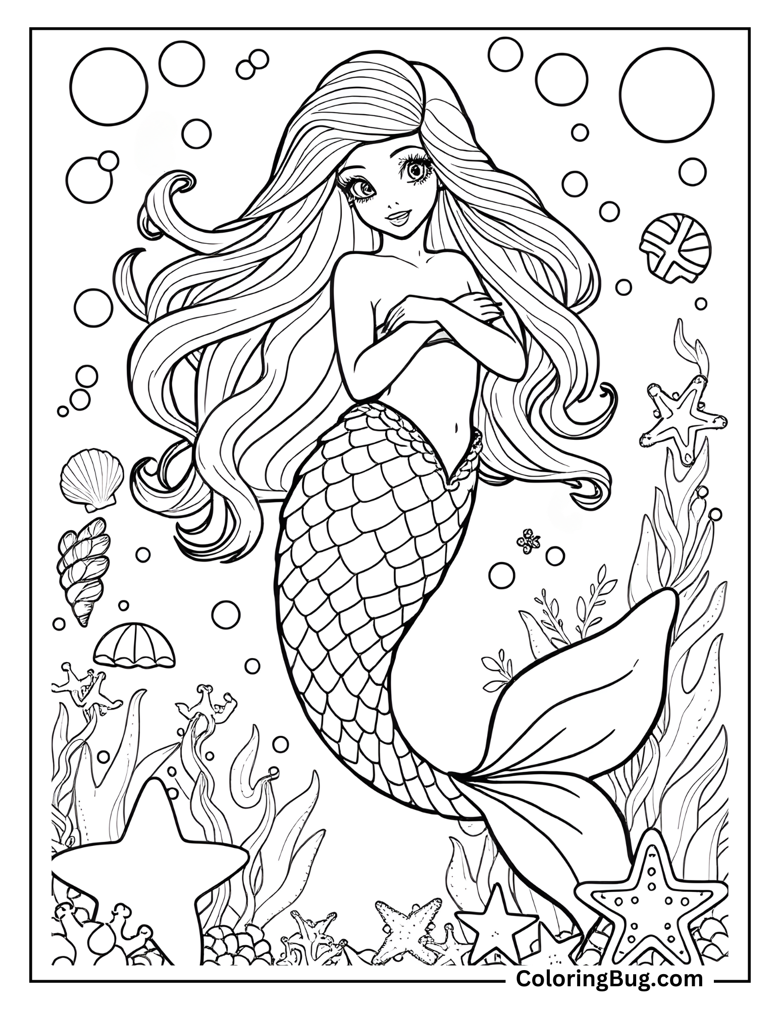 Coloring page of a beautiful mermaid with long, flowing hair surrounded by underwater plants, seashells, and starfish.