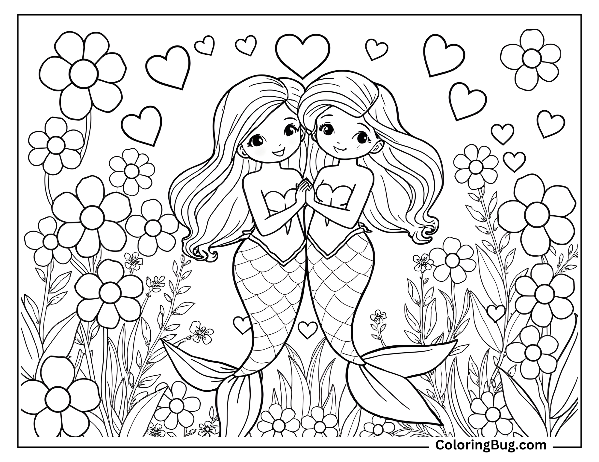
Coloring page that features two beautiful mermaids holding hands, surrounded by large flowers and hearts in the background, creating a whimsical and romantic underwater scene.
