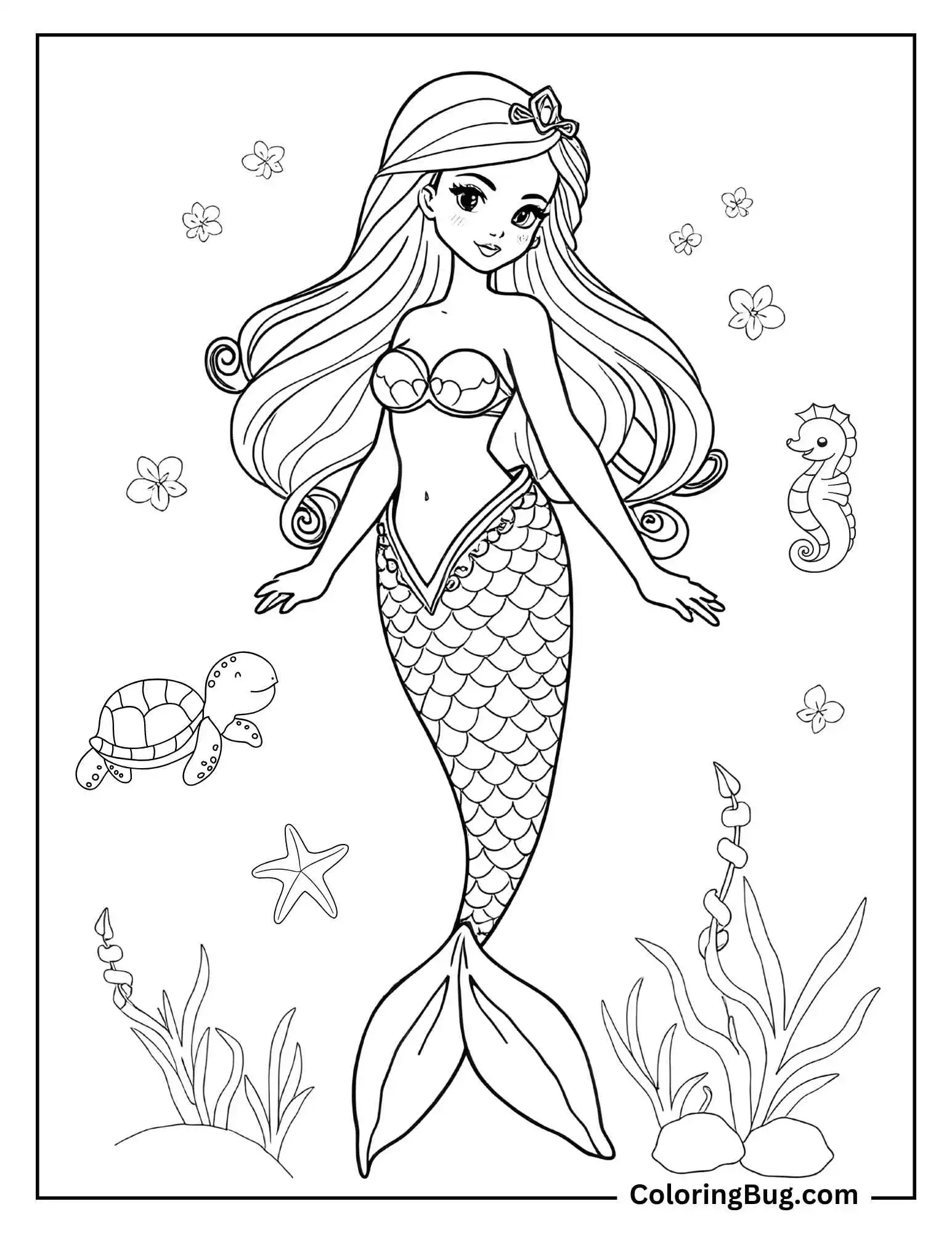 Coloring page that features a beautiful, realistic mermaid surrounded by underwater friends, including a seahorse, a turtle, and a starfish. The mermaid stands gracefully with flowing hair and a scaled tail, accompanied by small plants and flowers.