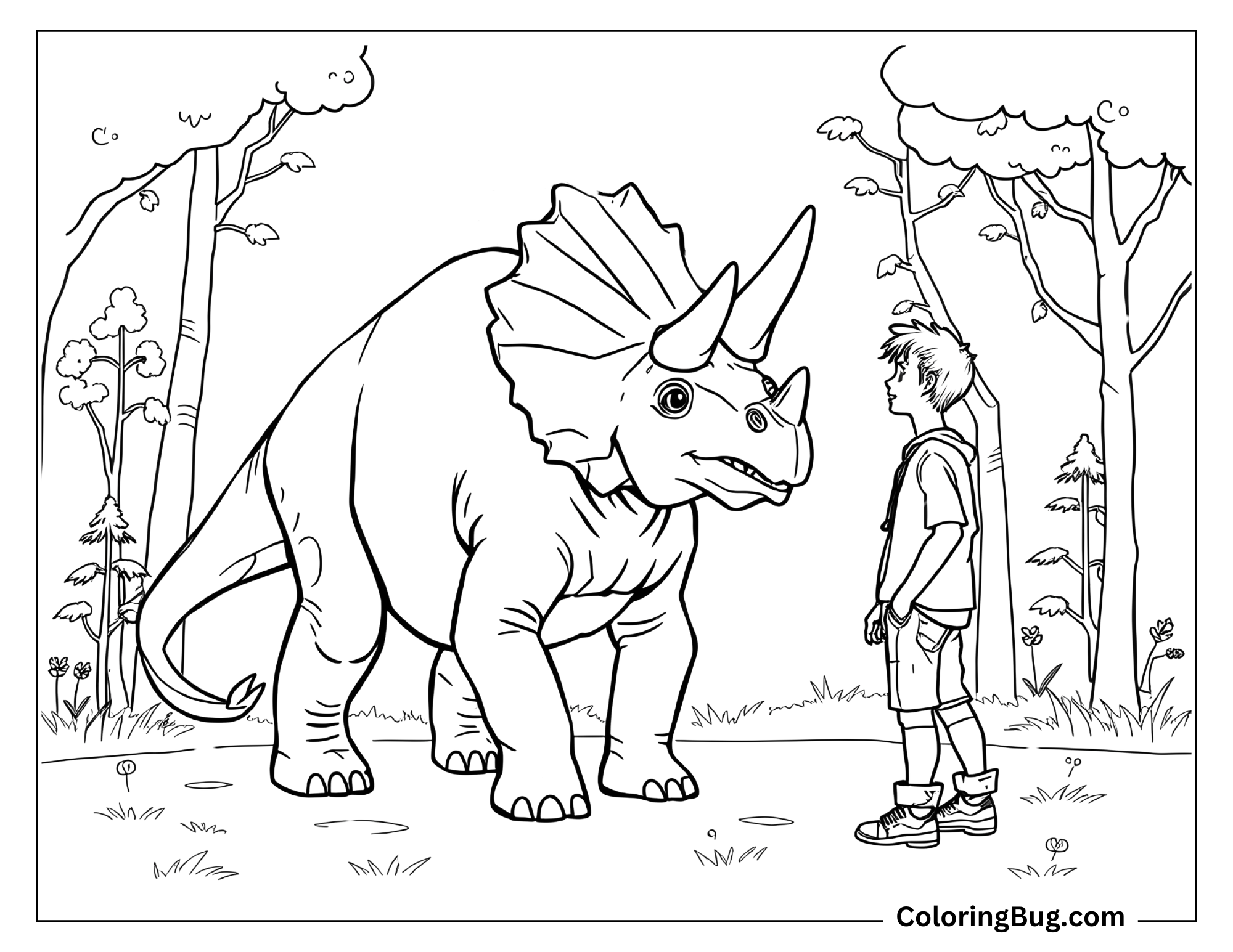 A coloring page showing a young boy standing face-to-face with a large Triceratops in a forest setting, capturing a moment of curiosity and wonder.