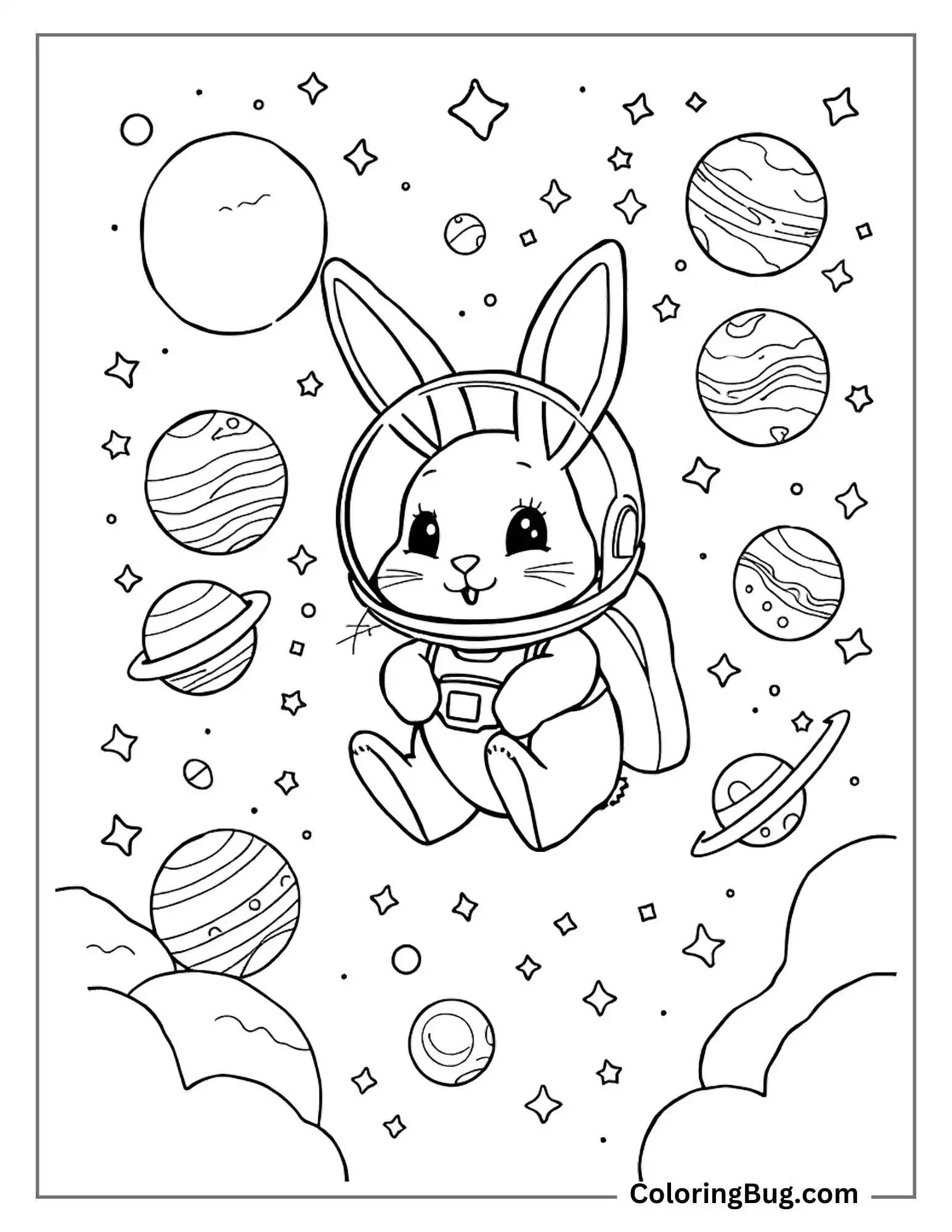 Bunny Rabbit In Space Coloring Sheet