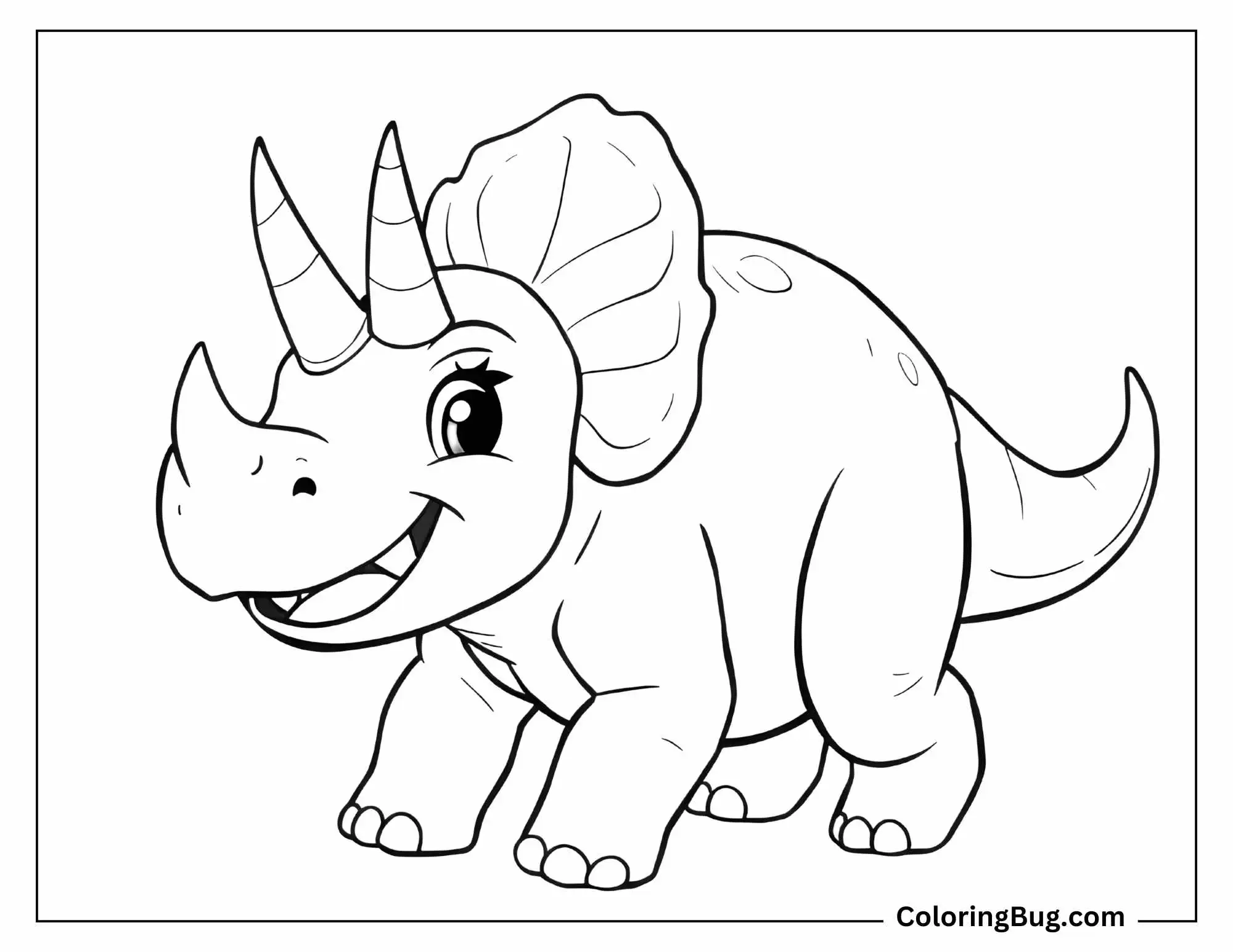 A cartoon Triceratops coloring page featuring a smiling Triceratops with two striped horns, large eyes, and a frill decorated with small spots.