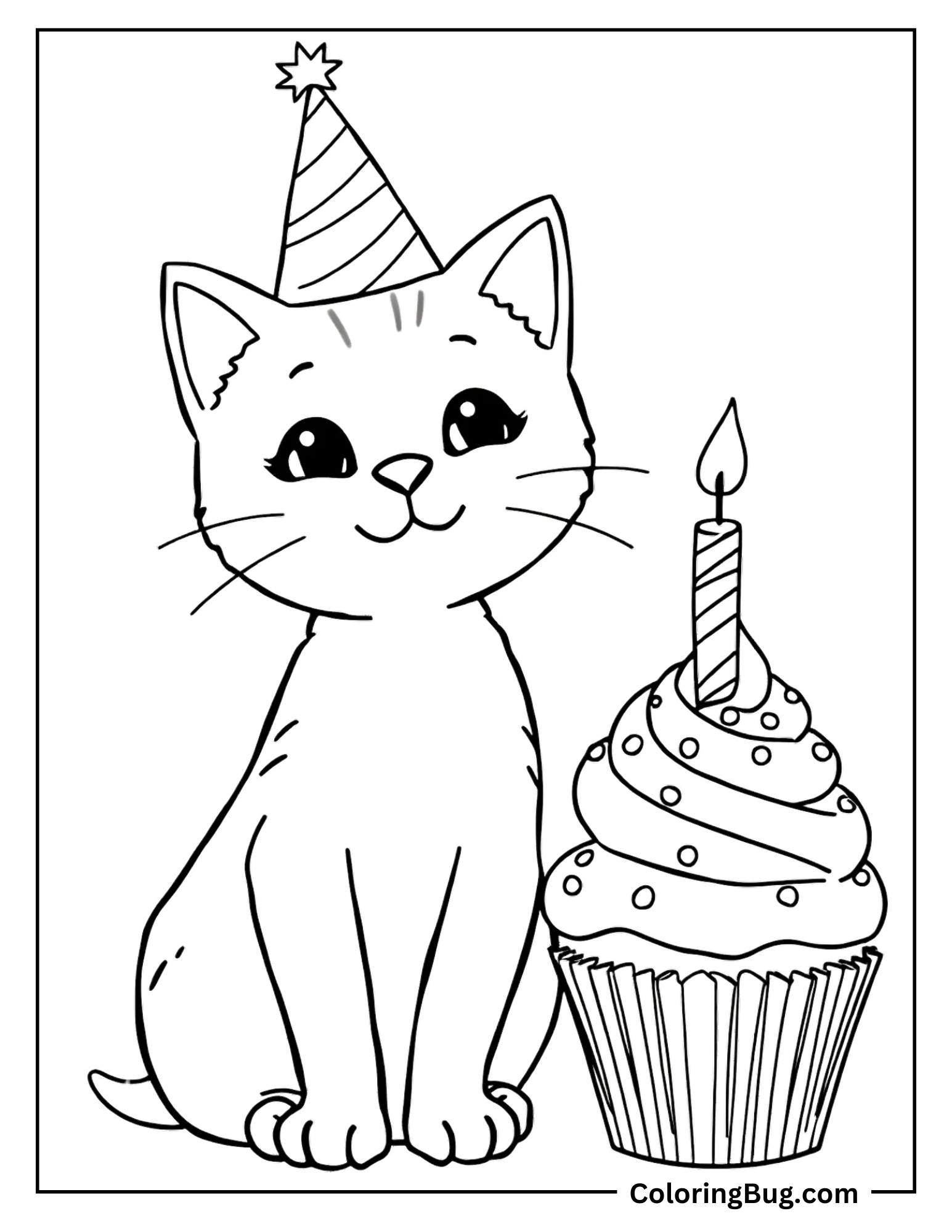 Cat celebrating birthday coloring sheet