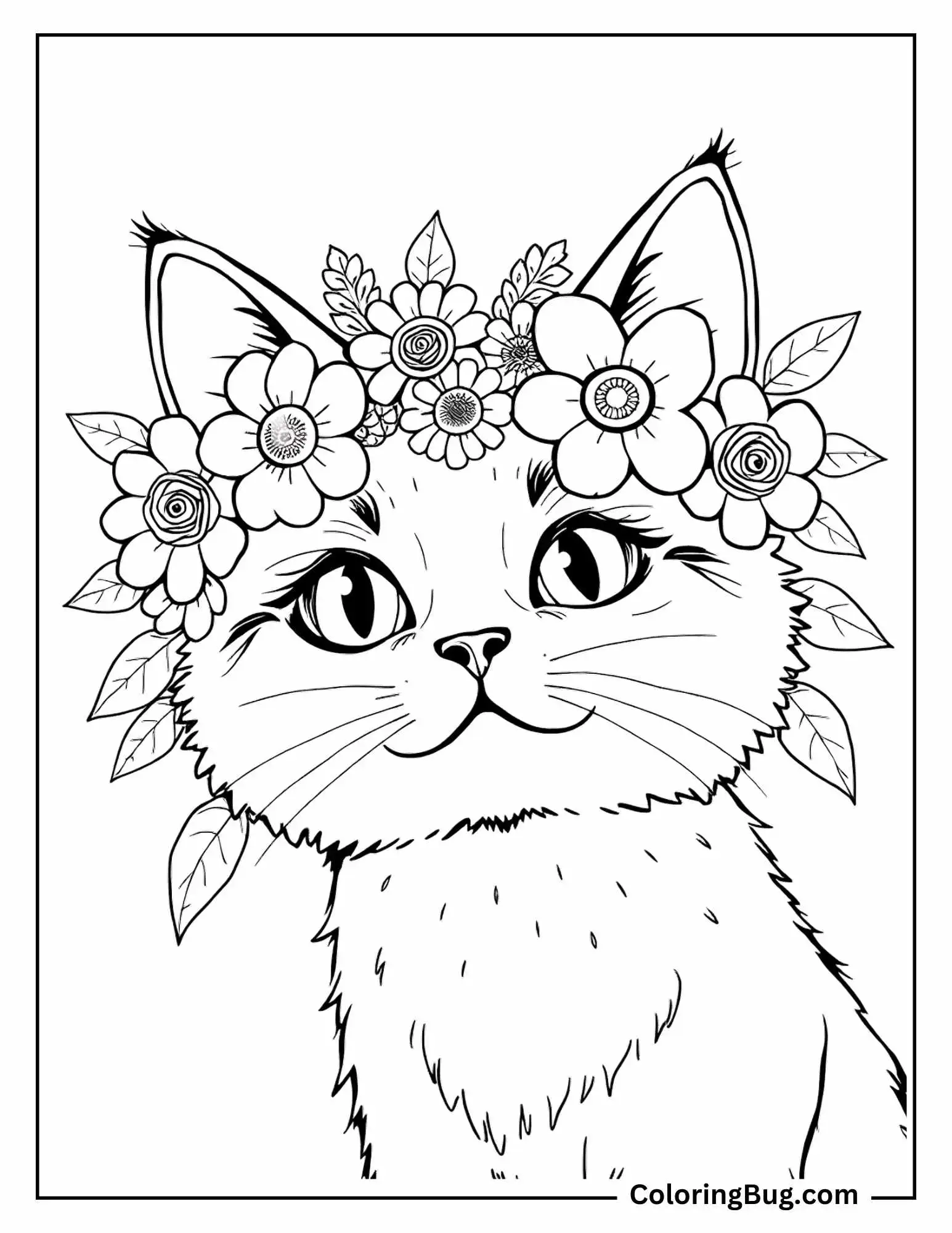 Cat wearing flowers crown coloring sheet