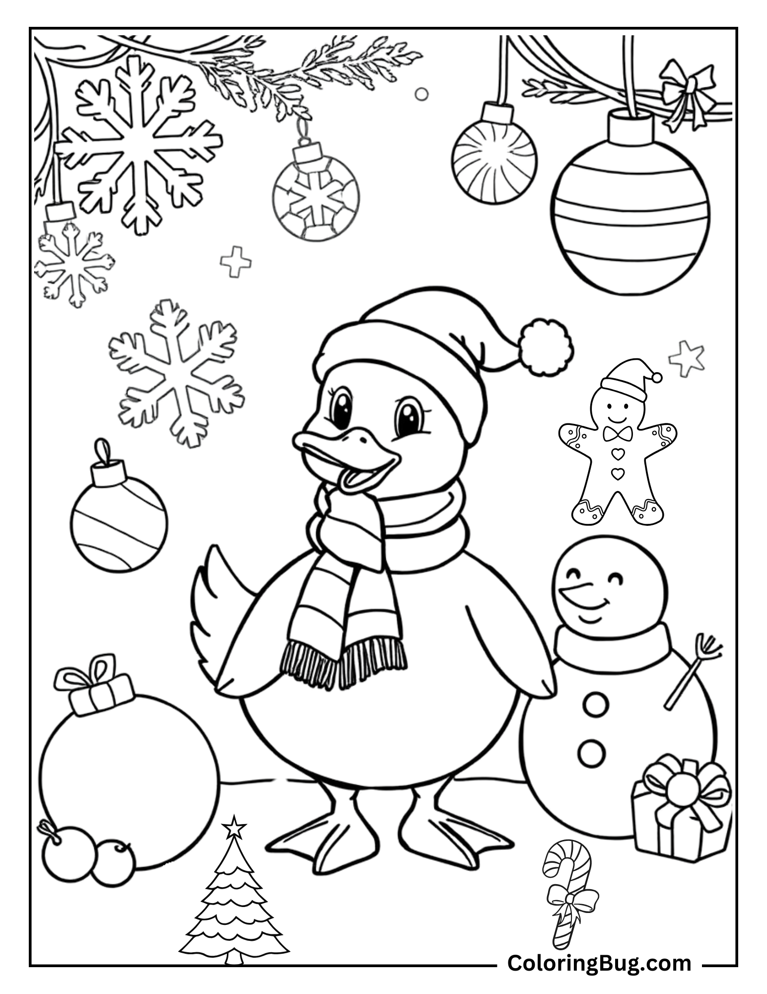 This festive coloring page features a cheerful duck dressed in a cozy Santa hat and scarf, surrounded by holiday decorations.