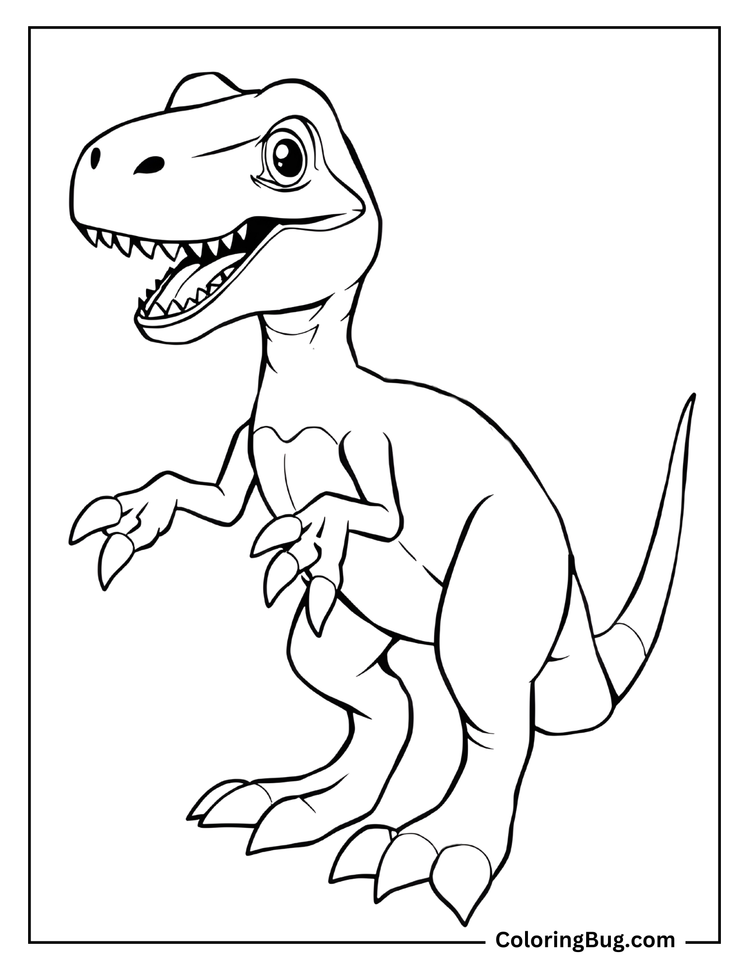 Coloring page of a cartoon-style Velociraptor with a friendly, playful expression. The Velociraptor stands upright with an open mouth, showing sharp teeth, and large, expressive eyes.