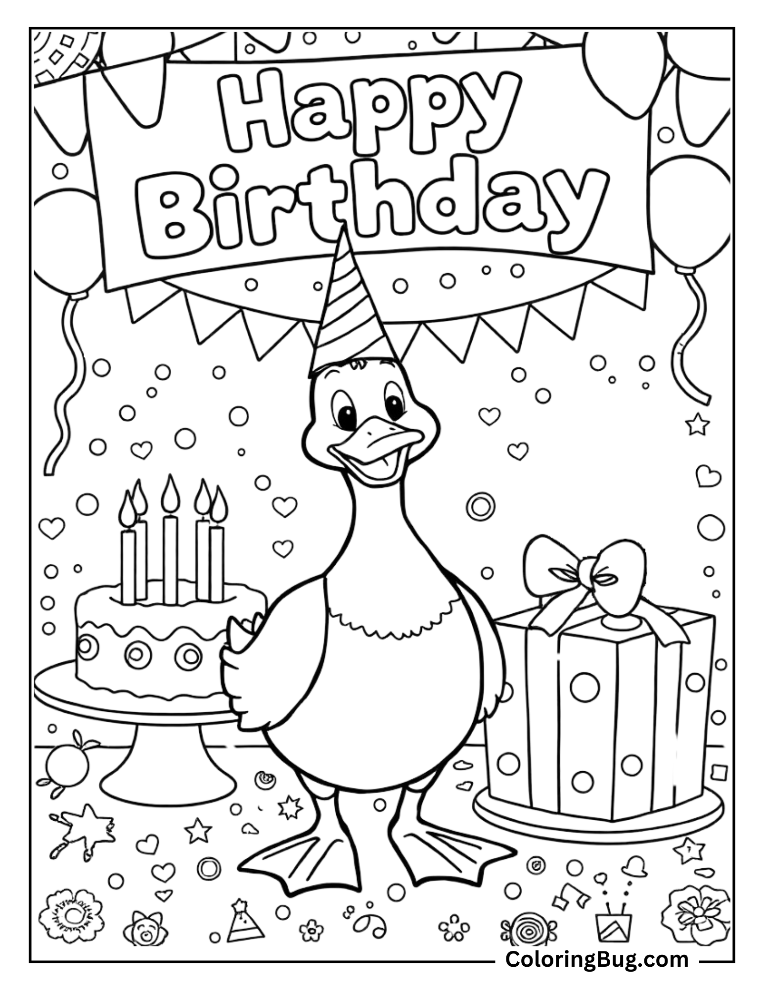 Duck Happy Birthday coloring page of a smiling duck wearing a party hat, surrounded by birthday decorations. A "Happy Birthday" banner hangs above, with balloons on either side. A birthday cake with lit candles and a wrapped gift are placed nearby, and festive confetti, stars, and hearts fill the background, adding to the celebratory atmosphere.