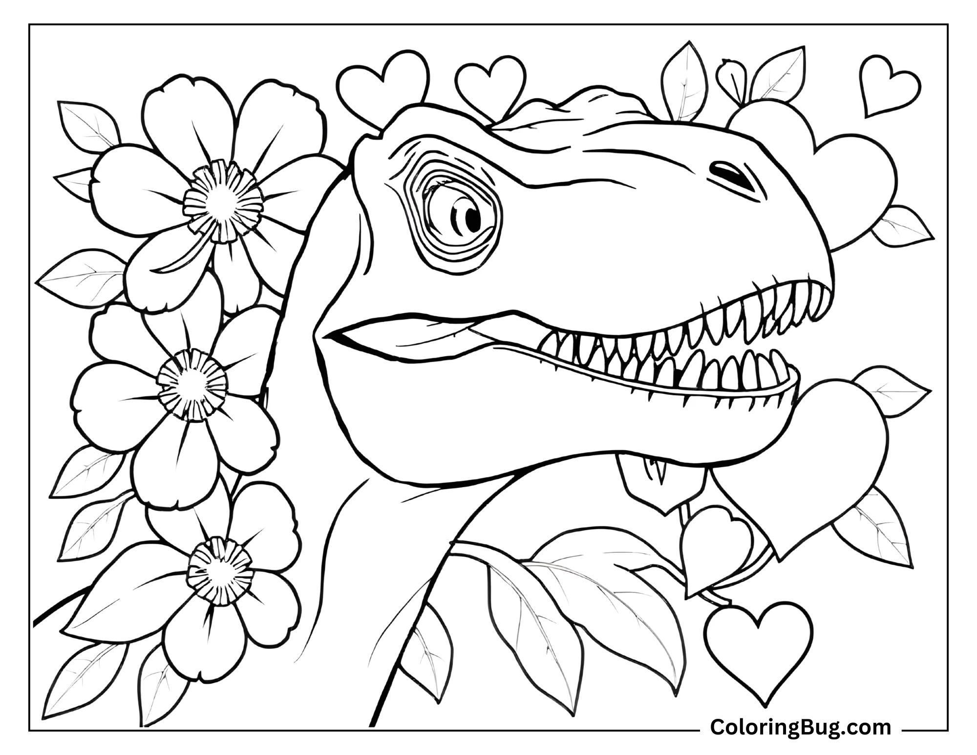 Coloring page of a Velociraptor's head framed by flowers and heart shapes. The Velociraptor has a relaxed expression with its mouth slightly open, showing sharp teeth.