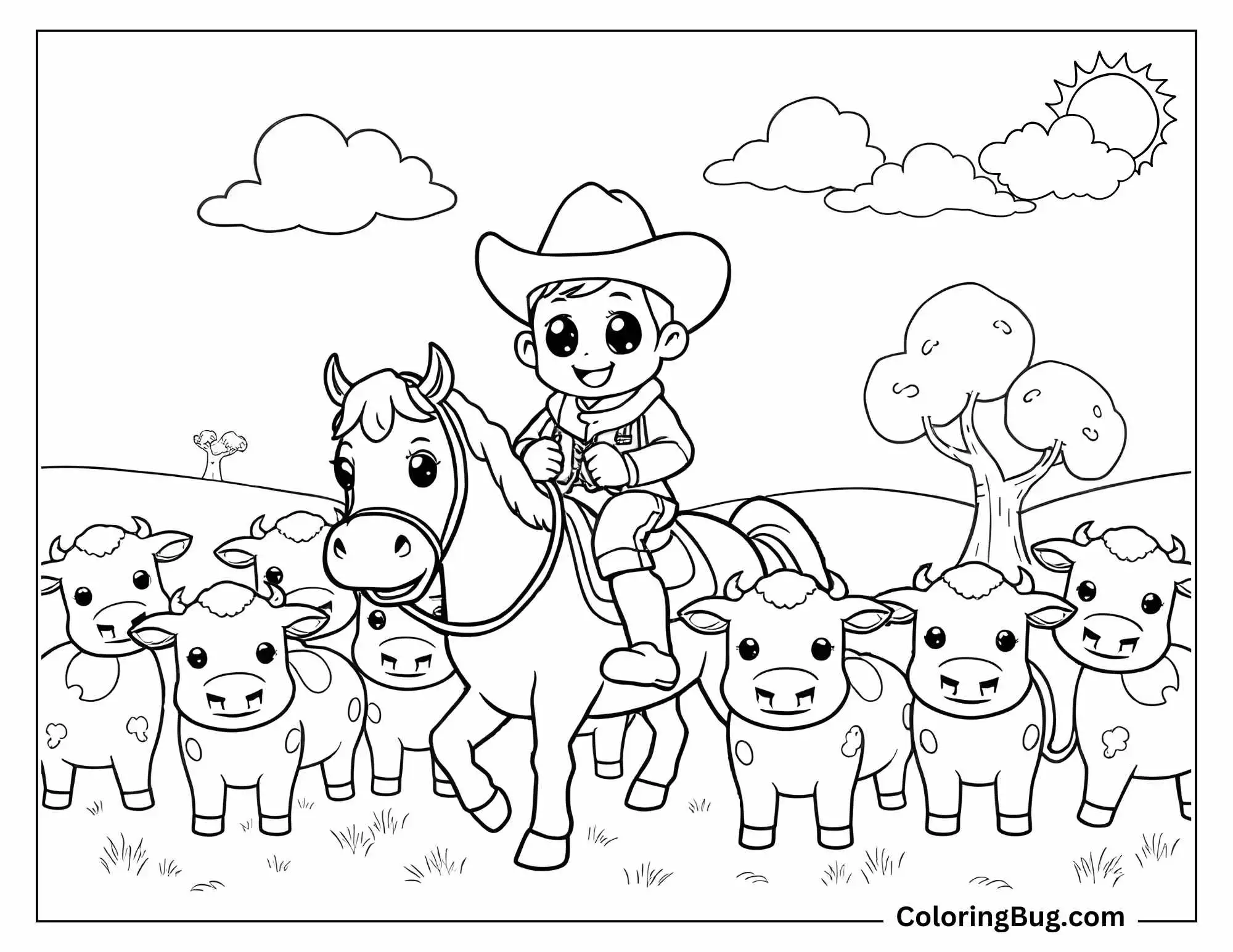 A fun coloring page showing a young cowboy riding a horse while herding a group of smiling cattle. The cowboy wears a hat, boots, and a vest, with an excited expression. The background features rolling hills, trees, clouds, and a shining sun, creating a lively ranch scene.