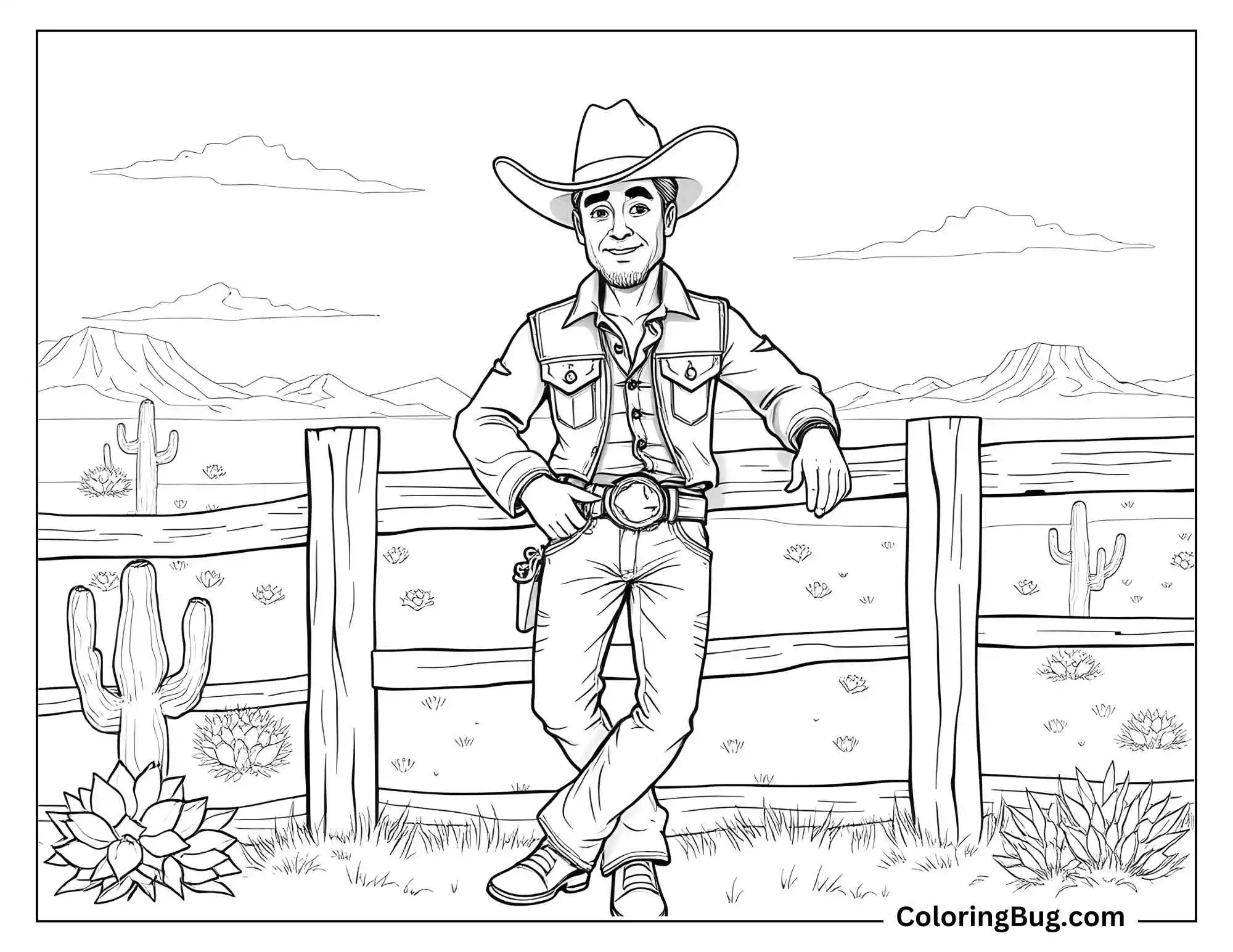 A coloring page of a cowboy leaning casually against a wooden fence in a desert setting. He is dressed in a traditional cowboy outfit, featuring a wide-brimmed hat, denim jacket, and a large belt buckle. The background showcases a vast desert landscape with cacti, succulents, and distant mountains under a partly cloudy sky.