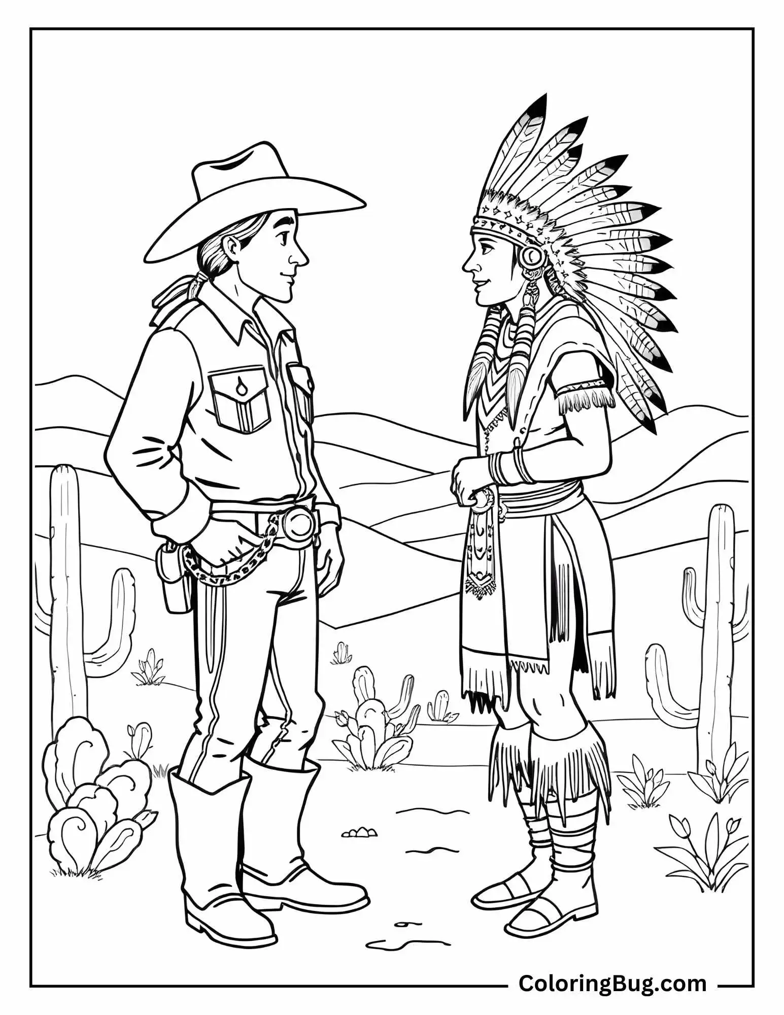 Kids cowboy coloring page of a cowboy and a Native American meeting in a desert setting. The scene features cactus plants, rolling hills, and traditional clothing details.