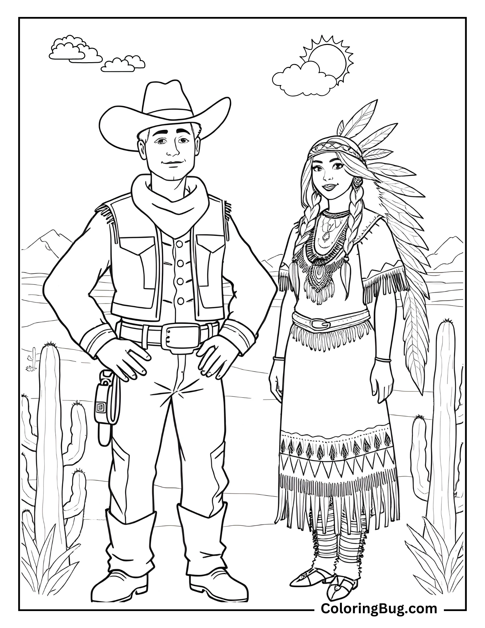 Coloring page of a cowboy and a Native American woman standing in a desert landscape. The scene includes cacti, mountains, and a sunny sky with clouds.