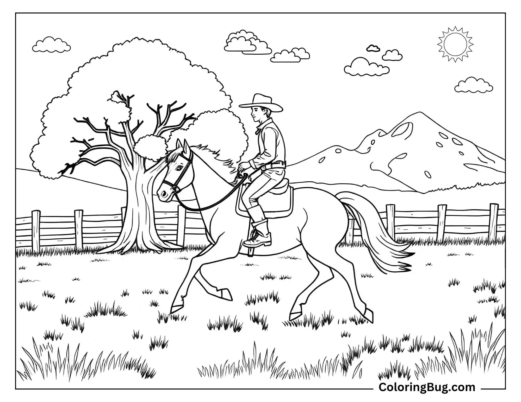 Black-and-white line art of a cowboy riding his horse on a ranch. The scene includes a tree, fence, grassy field, and mountains in the background, along with a sunny sky and clouds, making it an idyllic coloring page.