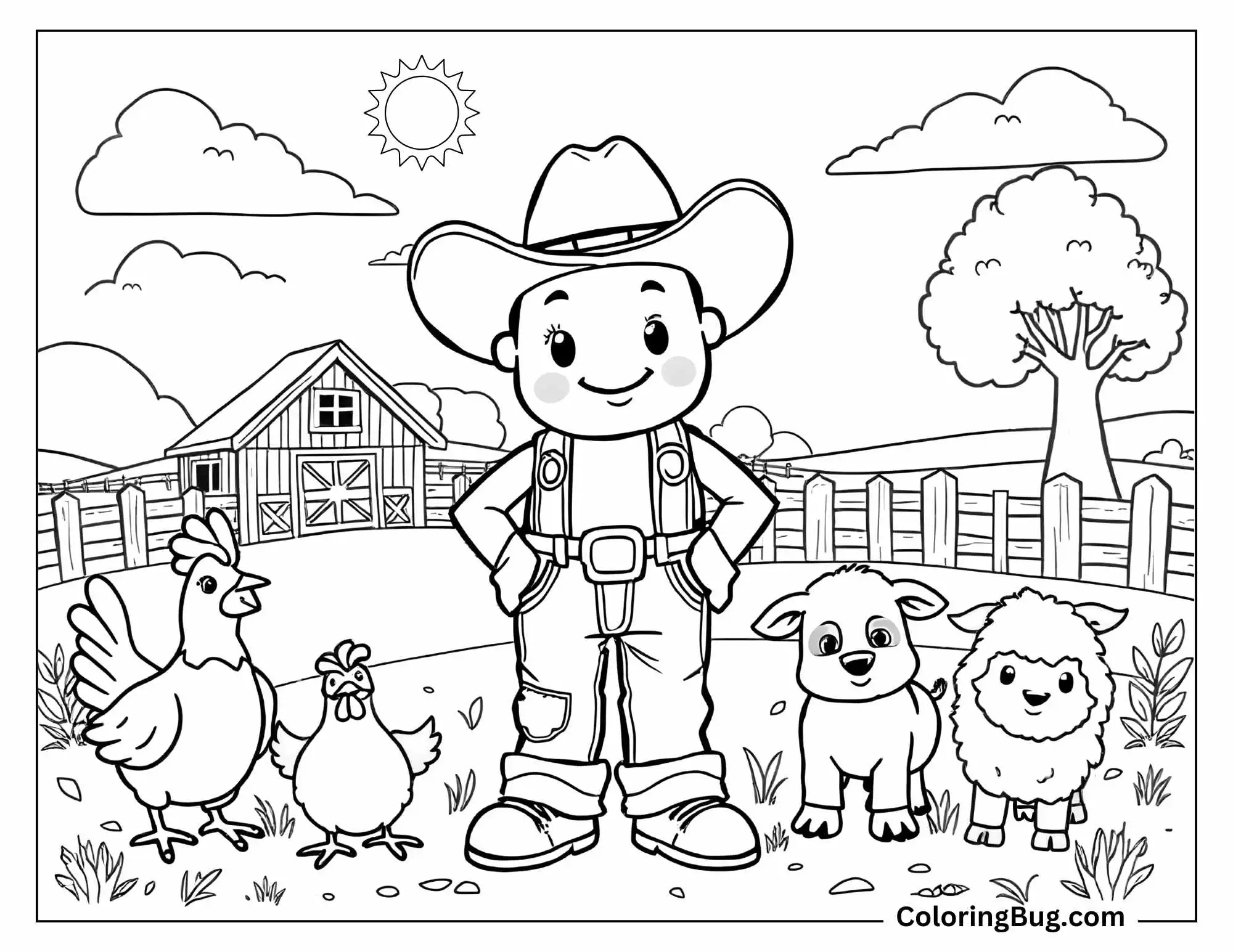 A cheerful coloring page featuring a young cowboy in a wide-brimmed hat, overalls, and boots, standing proudly in a ranch setting. Surrounding him are a pair of chickens, a friendly dog, and a fluffy sheep. The background showcases a barn, wooden fences, rolling hills, and a bright sun shining in the sky, creating a warm and welcoming farm scene.