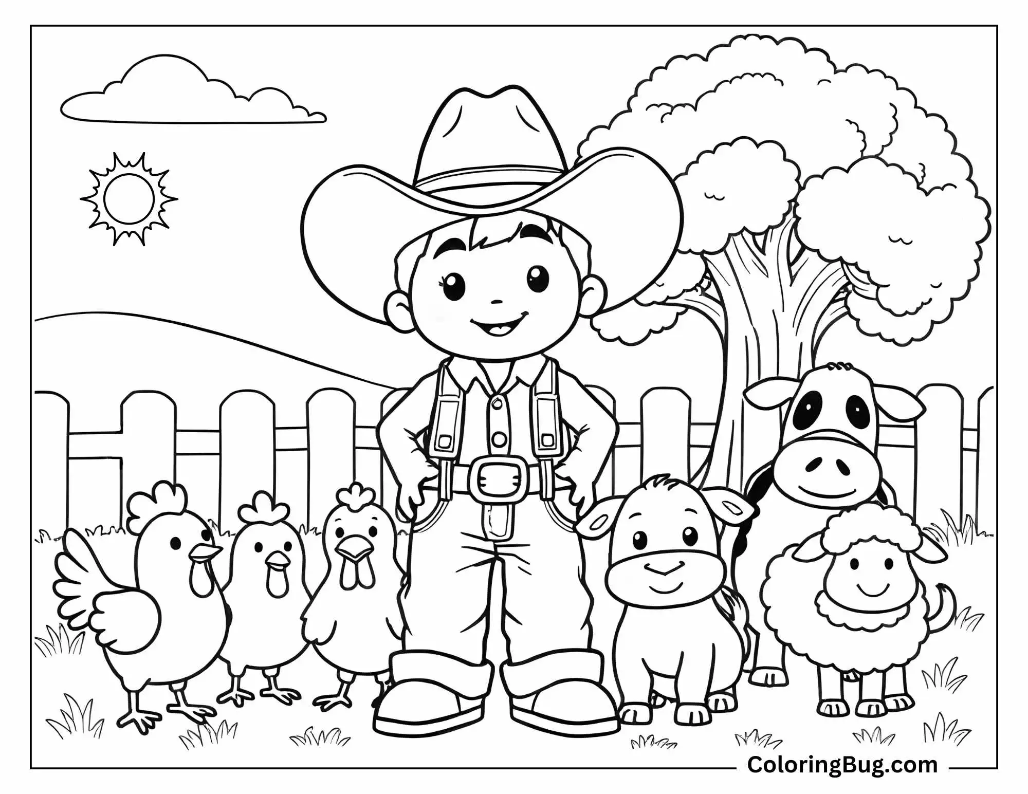 A charming cowboy-themed coloring page featuring a cheerful young boy dressed in a cowboy hat, suspenders, and boots, standing confidently among a group of farm animals. Surrounding him are three chickens, a calf, a sheep, and a cow, all illustrated in a friendly, cartoonish style. The background includes a tree, a white picket fence, rolling hills, and a bright sun in the sky.