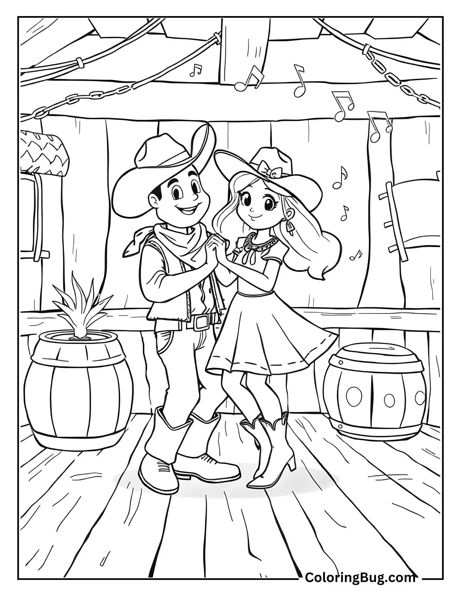 Kids cowboy coloring page of a cowboy and cowgirl happily dancing inside a barn. The scene includes musical notes, barrels, and rustic wooden floors.