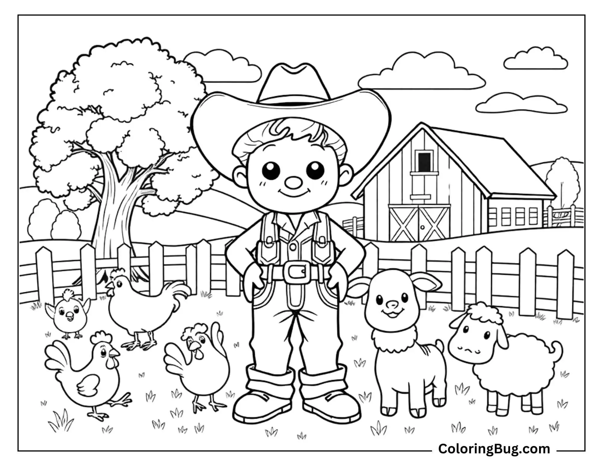 A charming coloring page featuring a young cowboy standing confidently in a ranch field, dressed in a cowboy hat, overalls, and boots. He is surrounded by farm animals, including playful chickens, a smiling llama, and an adorable sheep. The background displays a wooden fence, a large barn, rolling hills, and a tree, capturing a picturesque and lively farm setting.