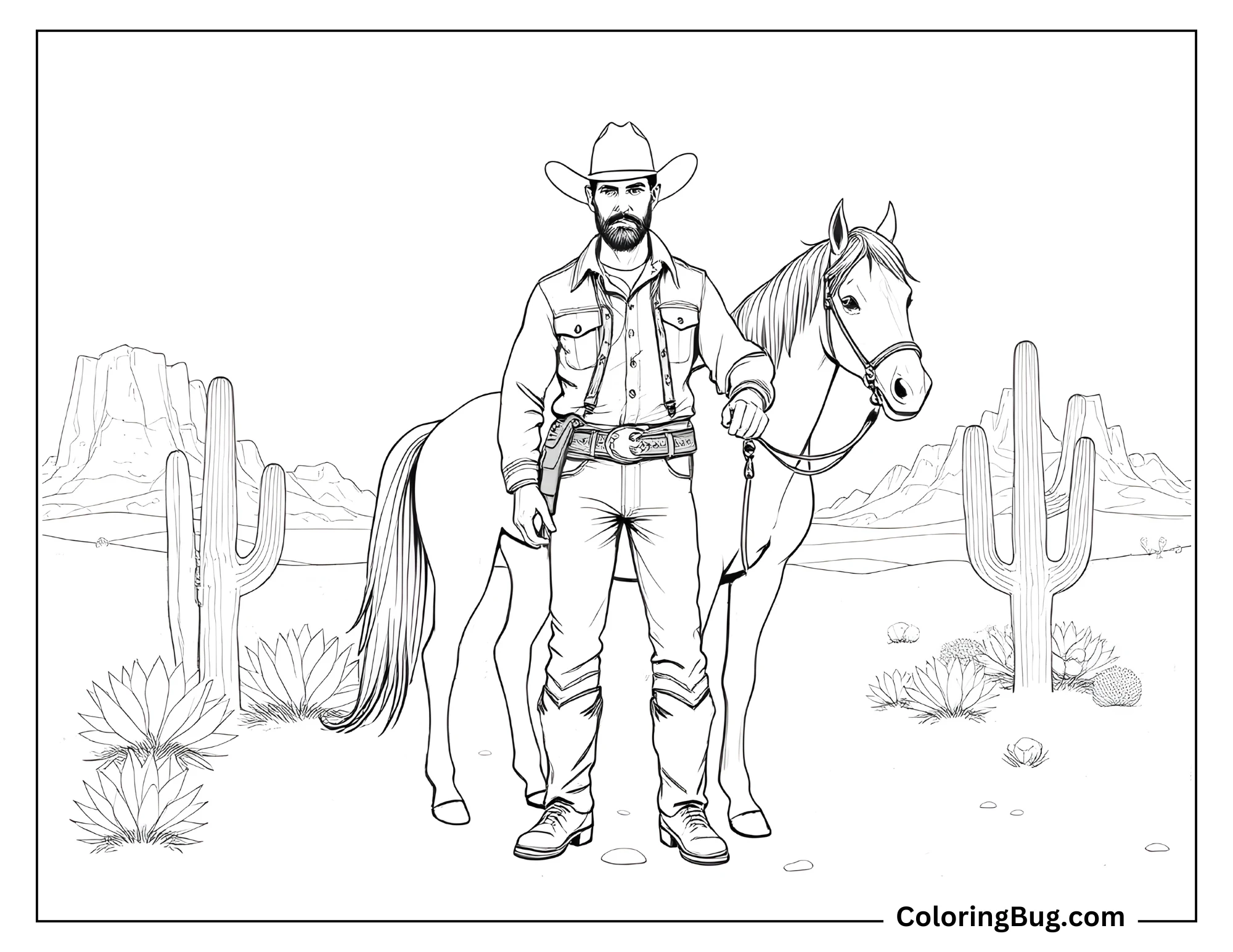 Black-and-white line art of a cowboy standing with his horse in a desert setting. The background features cacti, desert plants, and distant mountains, creating a classic Wild West scene designed as a detailed coloring page.