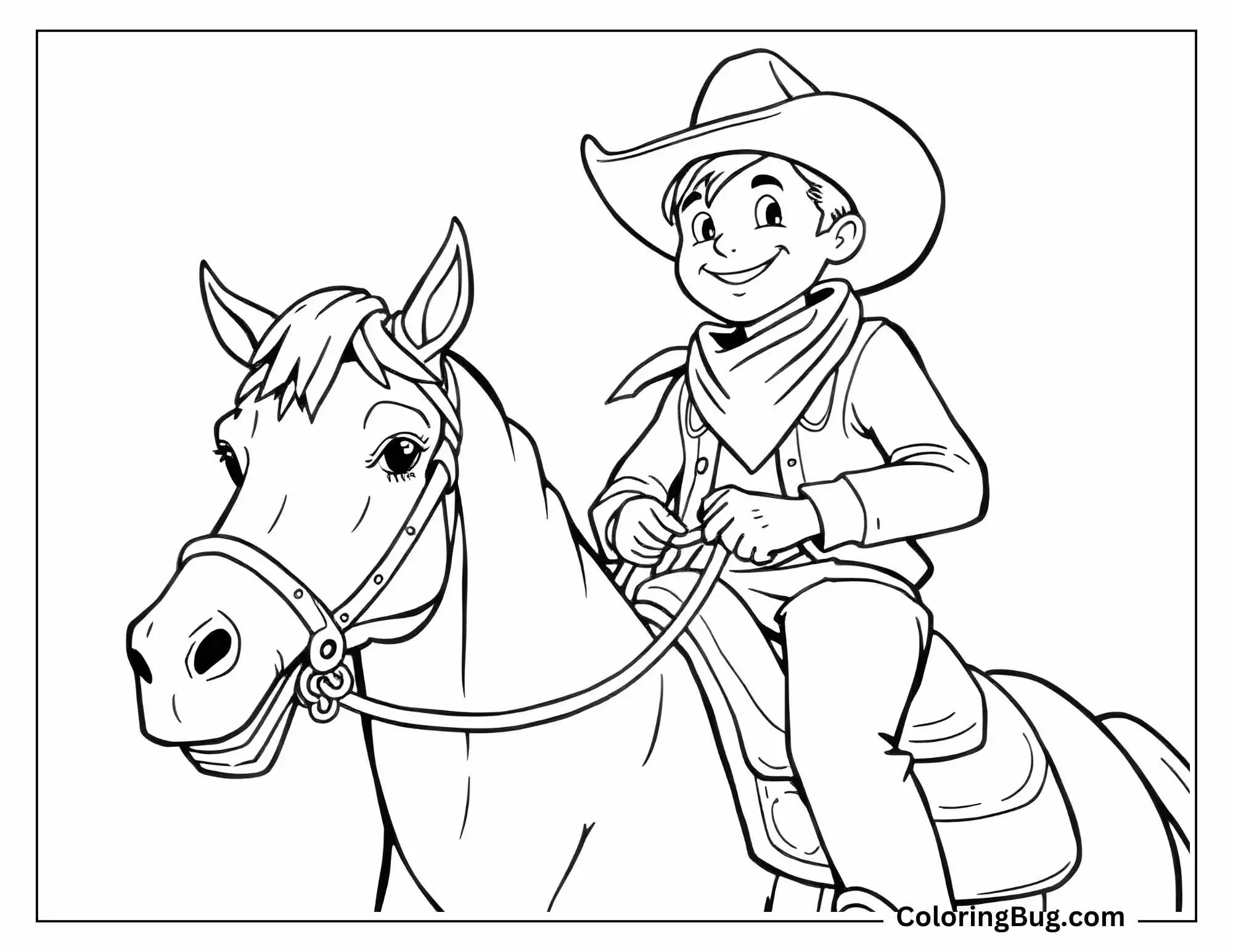 This coloring page shows a close-up of a cheerful young cowboy riding his horse. The boy, dressed in a cowboy hat, bandana, and vest, has a bright smile as he grips the reins confidently. The horse, with gentle eyes and an alert expression, looks steady and loyal.