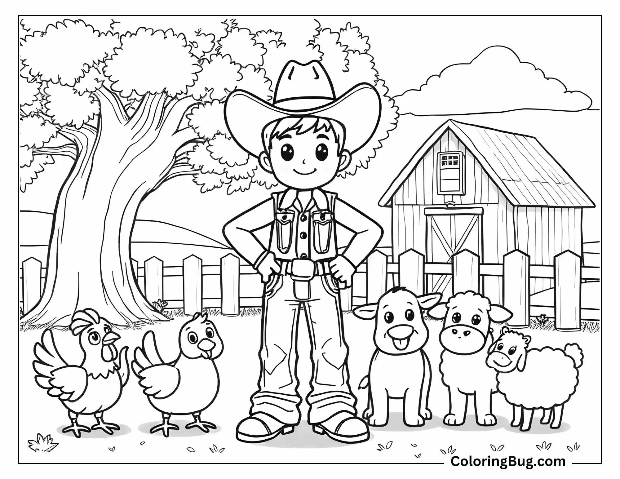 A delightful cowboy-themed coloring page showcasing a cheerful young boy in cowboy attire, complete with a hat, vest, and boots, standing proudly on a ranch. Surrounding him are two chickens, a calf, a lamb, and a sheep, all drawn in a cute and approachable style. The scene includes a large tree, a white picket fence, and a classic barn in the background.