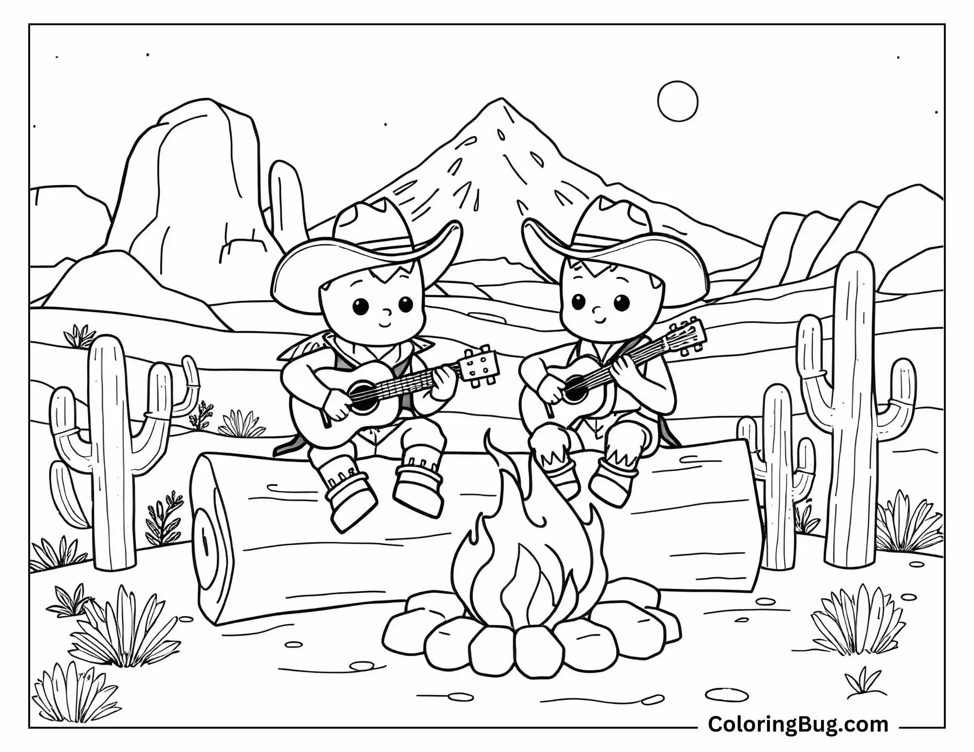 Coloring of two small cartoon cowboys sitting on a big log around a campfire both play guitars. Background of an American mid west destert with cactus, stars, and rocks.