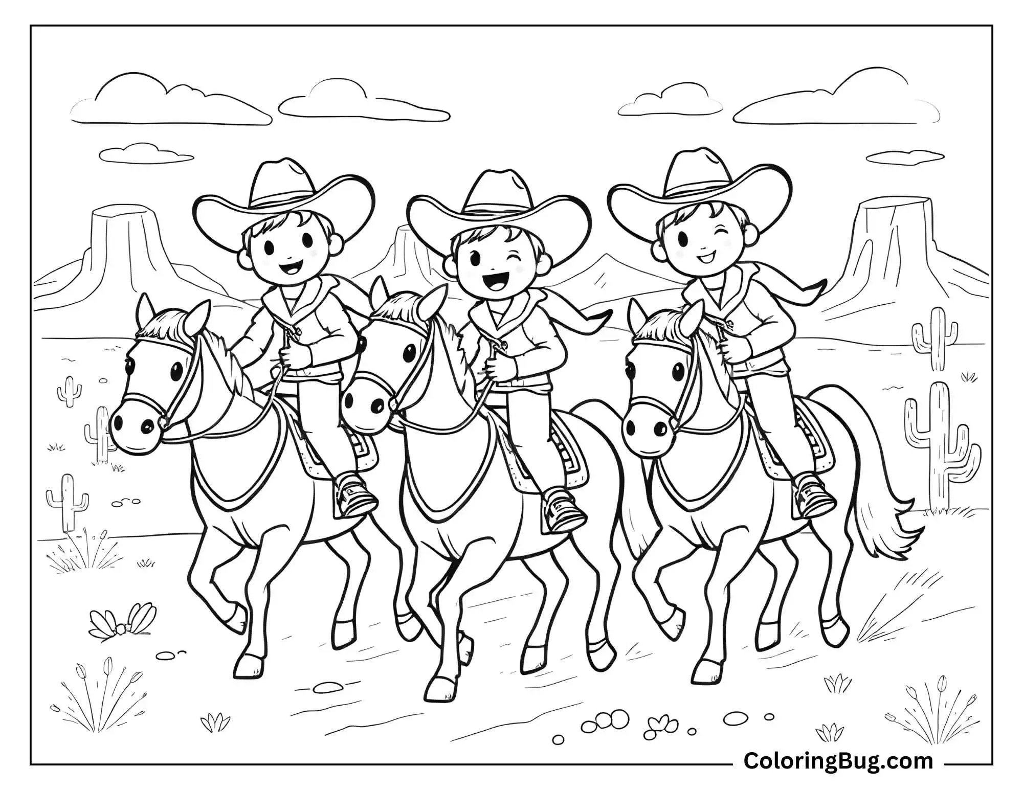 A vibrant coloring page depicting three cheerful young cowboys galloping through a desert landscape on their horses. Each cowboy wears a wide-brimmed hat, neckerchief, and boots, with big smiles as they ride. The background features desert cacti, rugged terrain, and distant mesas under a partly cloudy sky.