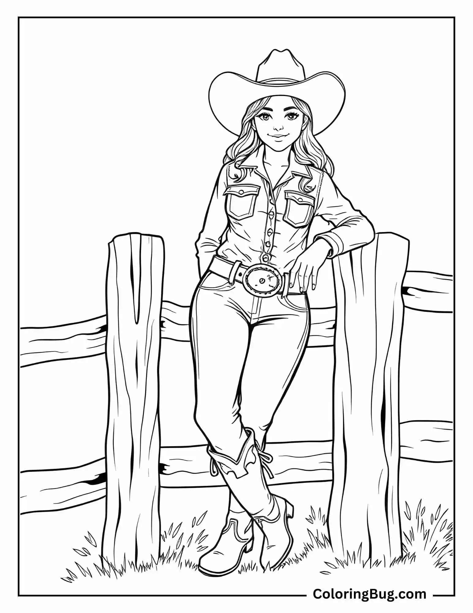 A coloring page featuring a confident cowgirl leaning casually against a wooden fence. She is dressed in classic Western attire, including a button-up shirt, jeans, a large belt with a decorative buckle, cowboy boots, and a wide-brimmed hat. The background shows the rustic wood of the fence, with grass and a clean, open space behind her.
