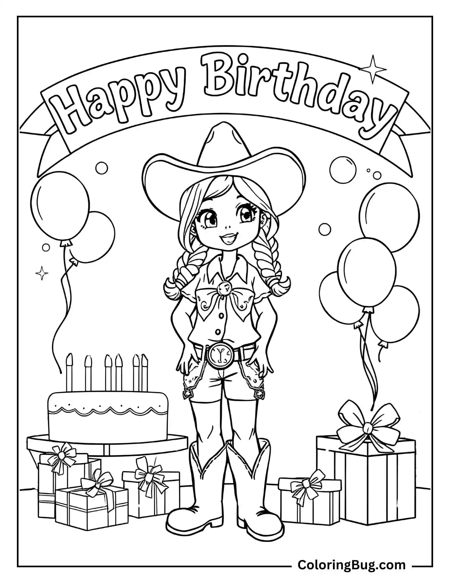 Coloring page featuring a cheerful cowgirl wearing a hat, boots, and a belt buckle, standing amidst a festive birthday scene. The background includes a banner that says "Happy Birthday," balloons, a birthday cake with candles, and wrapped presents.