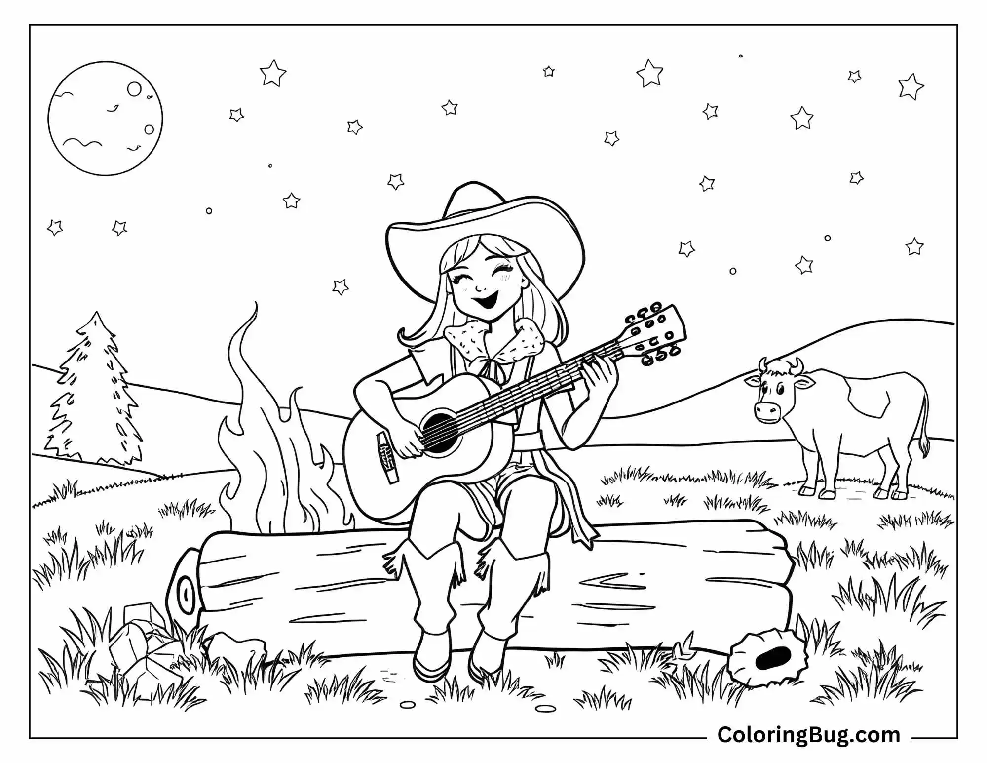 A charming coloring page featuring a cowgirl sitting on a log by a campfire under a starry night sky. She is joyfully playing a guitar, with a cheerful smile on her face. In the background, a curious cow watches her while rolling hills, trees, and the glowing moon complete the serene nighttime ranch setting. A cowboy hat rests on the ground near the fire, adding a rustic touch to the scene.