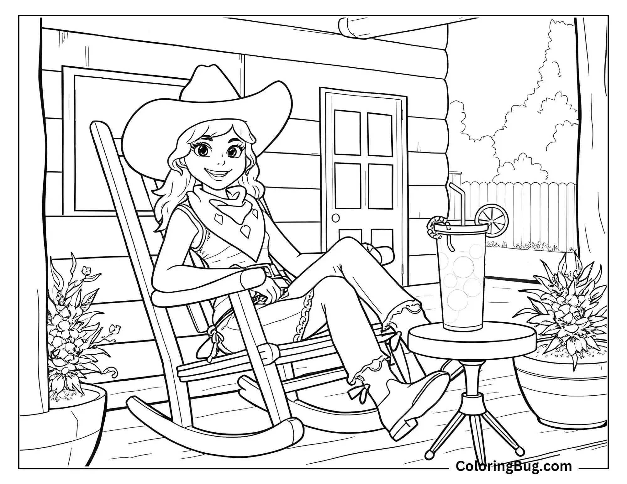 A delightful coloring page depicting a cowgirl sitting comfortably in a rocking chair on a wooden porch. She is wearing a wide-brimmed cowboy hat and a bandana, smiling warmly as she enjoys her relaxed moment. A table beside her holds a tall glass of lemonade with ice and a straw, while potted flowers add a touch of charm to the rustic setting. The cozy log cabin backdrop and a fenced yard in the distance create a serene countryside atmosphere.