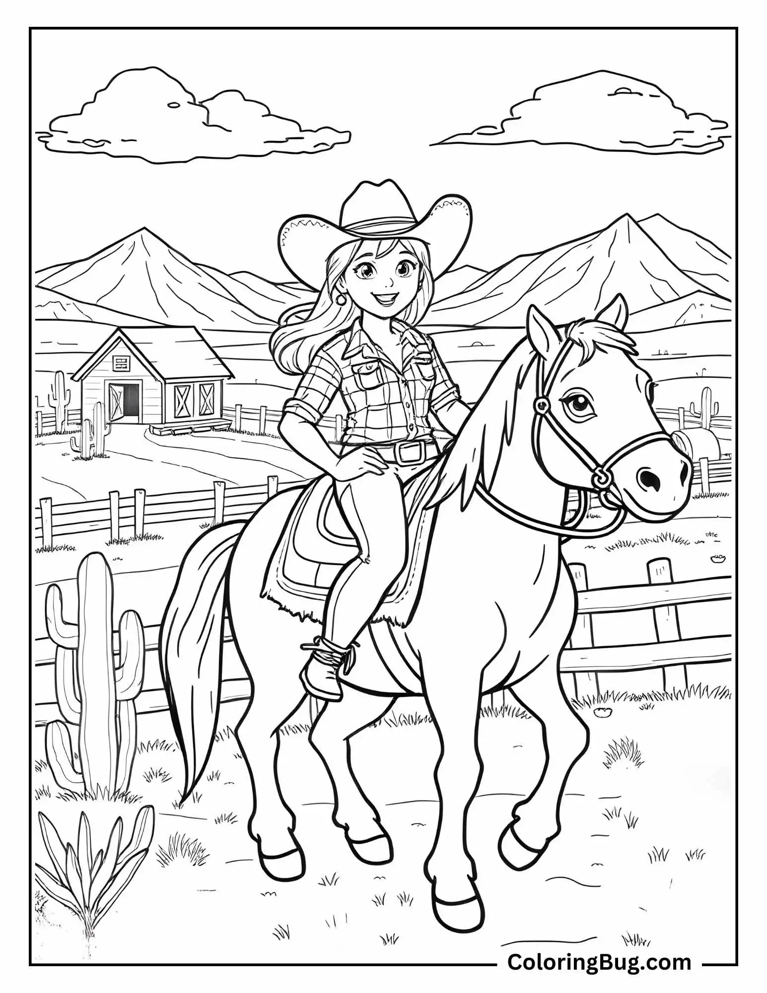 Coloring page of a cowgirl riding her horse, with a scenic backdrop of mountains, a ranch, and cacti. She wears a wide-brimmed hat and a plaid shirt, looking cheerful as she rides. The landscape adds a western atmosphere with a fence, desert plants, and a clear sky.