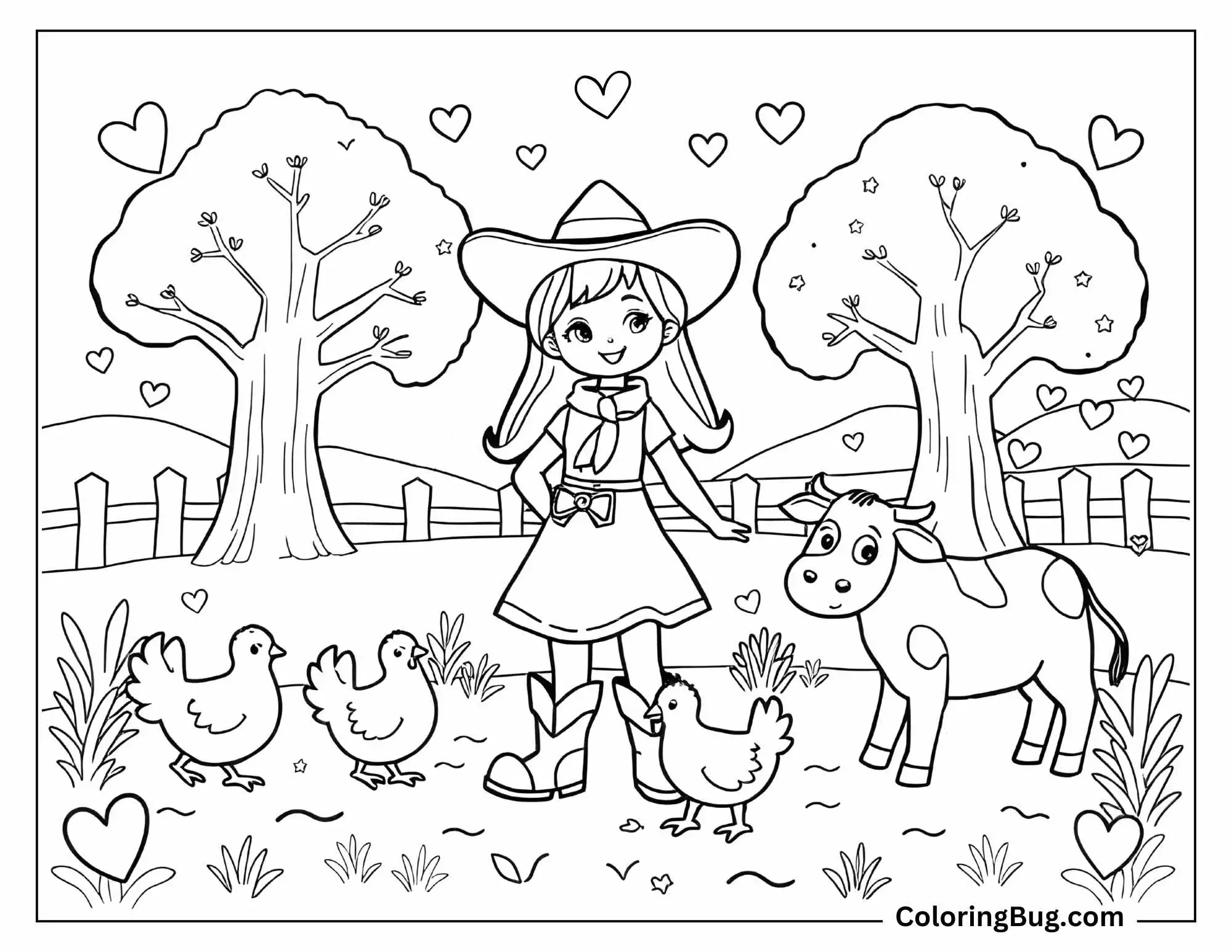 A cheerful coloring page showing a young cowgirl standing in a farm setting surrounded by friendly animals. The cowgirl, dressed in a hat, boots, and a dress with a bow, is accompanied by a cute, smiling calf and several playful chickens. Heart shapes fill the background, adding a joyful and loving atmosphere. Two large trees and a fenced field complete the farm scene.