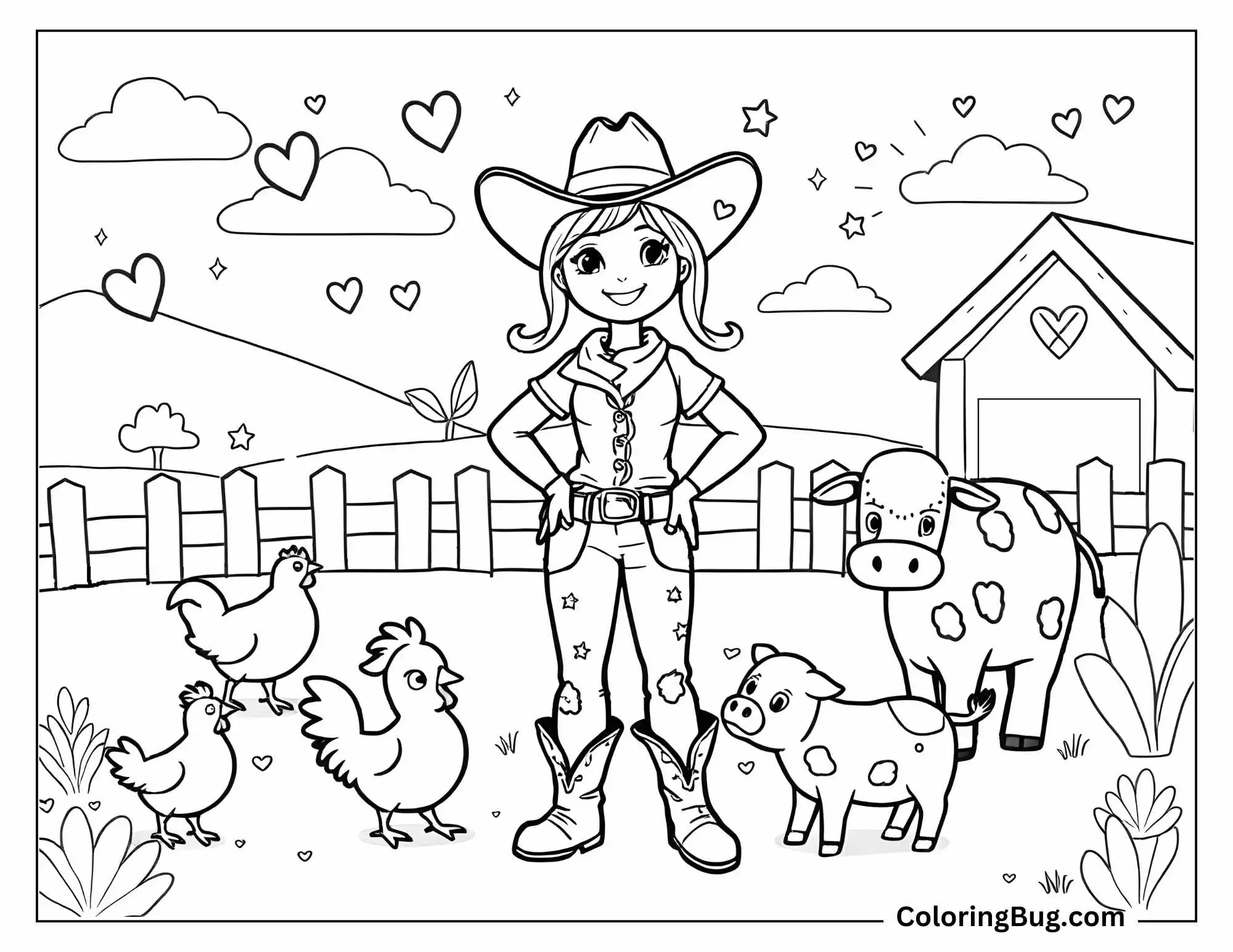 A lively coloring page featuring a young cowgirl standing confidently on her ranch, surrounded by her adorable farm animals. The cowgirl, wearing a hat, boots, and a button-up shirt with jeans, is accompanied by a cheerful cow, a piglet, and three chickens. A barn with a heart on it and a fenced field create a charming farm backdrop. Hearts, stars, and fluffy clouds fill the sky, adding a whimsical touch to the scene.
