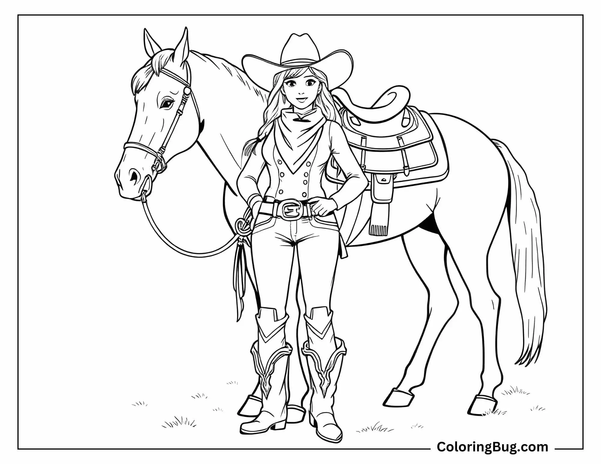 Coloring page of a cowgirl standing proudly beside her horse. She&rsquo;s dressed in a Western outfit with a hat, boots, and a belt, exuding confidence. The horse stands calmly beside her, equipped with a saddle and bridle, ready for a ride.