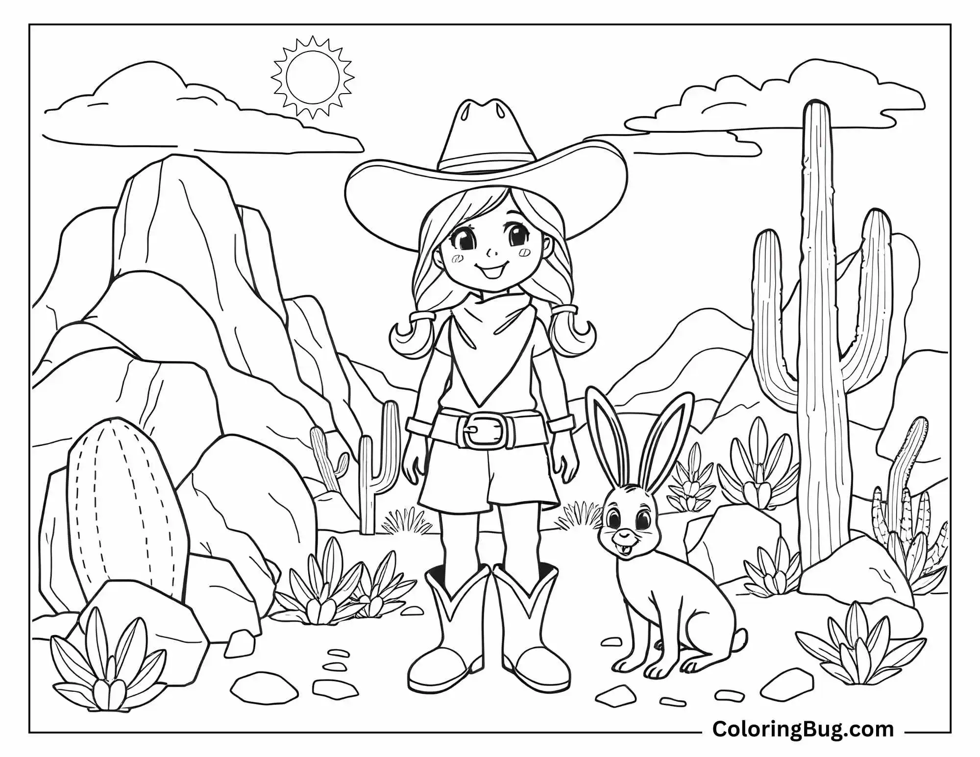 A delightful coloring page showcasing a young cowgirl in a desert landscape, standing next to a cheerful jackrabbit. The cowgirl, wearing a hat, boots, and a scarf, smiles warmly against a backdrop of rugged mountains, cacti, and desert plants. A bright sun shines in the sky, accompanied by scattered clouds.