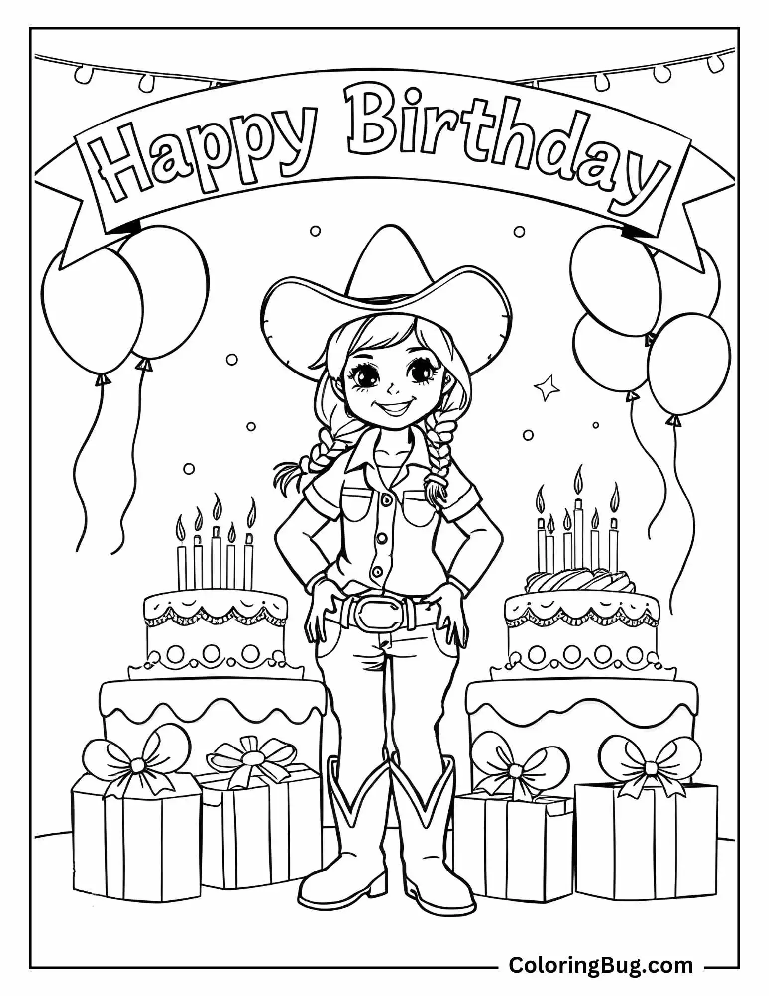 Coloring page featuring a happy cowgirl standing confidently, dressed in a cowboy hat, boots, and a belt, surrounded by a festive birthday scene. The background displays a "Happy Birthday" banner, balloons, two decorated cakes with lit candles, and several wrapped presents.